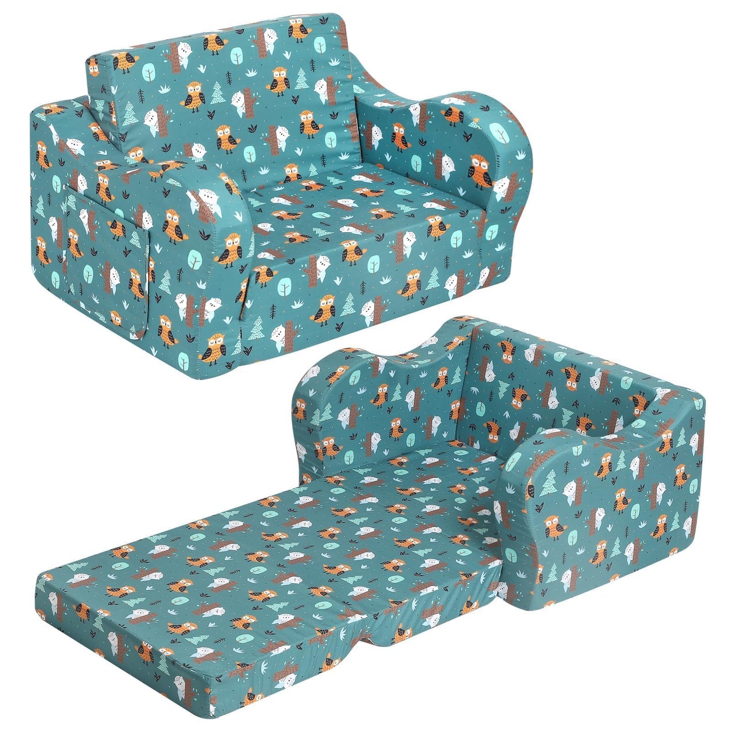 MOMCAYWEX Kids Sofa, 2-in-1 Flip-Out Foam Couch, Foldable Soft Play Lounge Chair, Teal