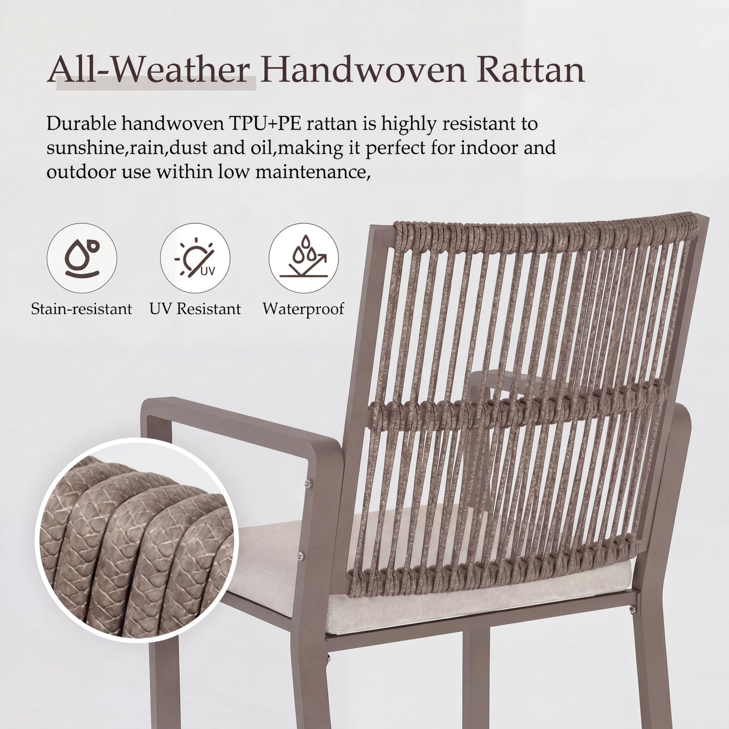 Coreporch Outdoor Patio Dining Chair, All-Weather Woven Rope Outdoor Chairs Set of 2, Sturdy Iron Frame, 400 lbs, Ergonomic Backrest, Removable Breathable Cushion, for Patio & Garden, Light Brown