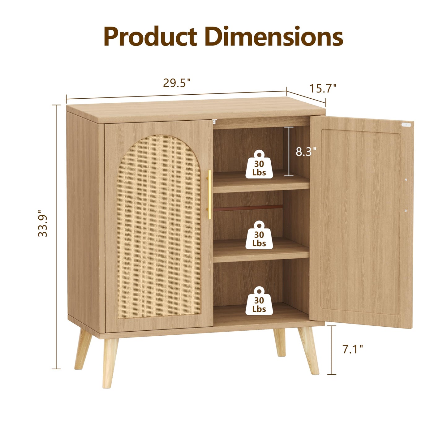 15.7"D Rattan Buffet Sideboard Cabinet with Storage, Modern Accent Cabinet with Adjustable Shelf & Solid Wood Legs, Coffee Bar Cabinet with Doors for Kitchen, Living Room, Entryway, Natural Oak