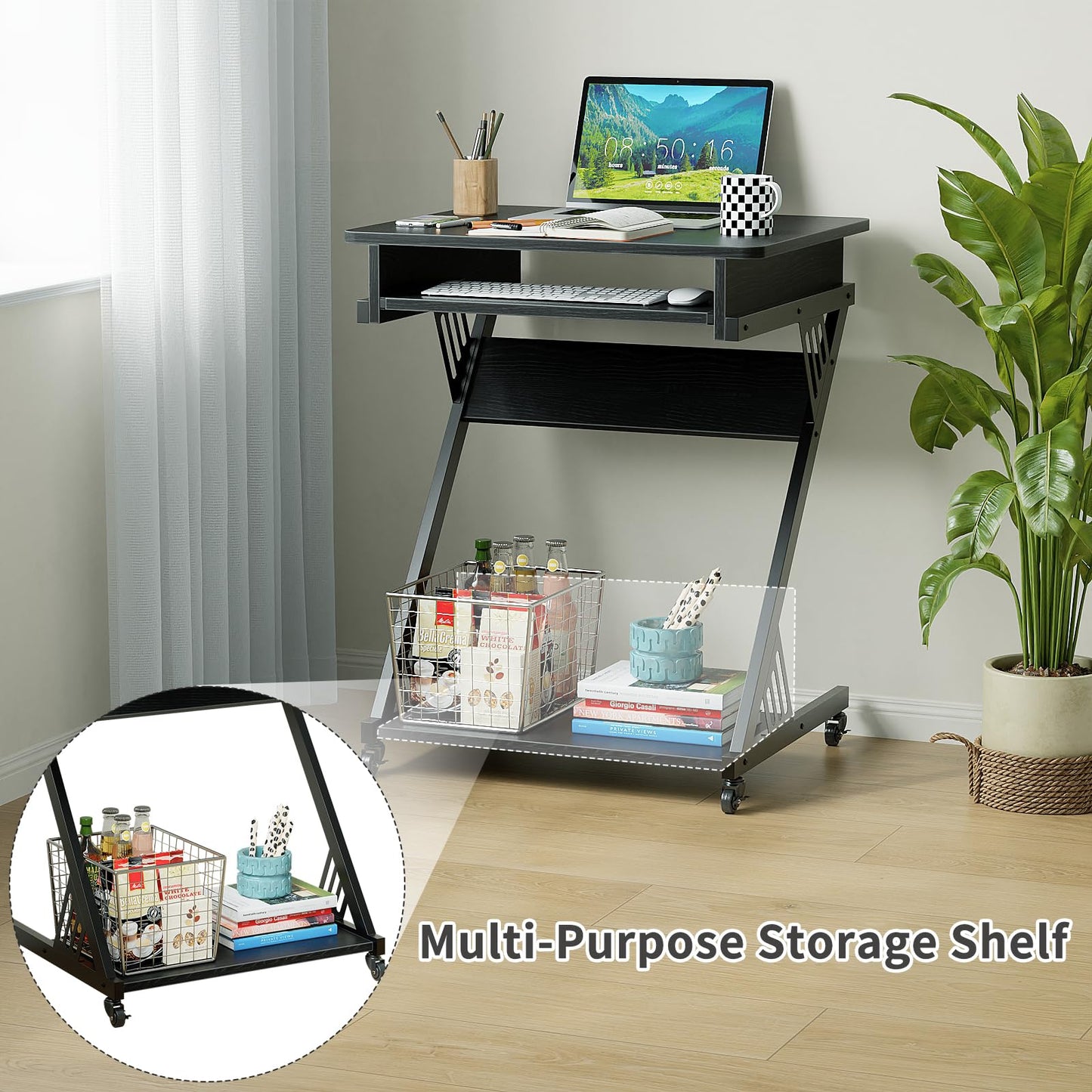 ALISENED Computer Desk for Small Spaces,23.6" Z-Shaped Compact Study Table with Smooth Keyboard Tray,with Wheels and Bottom Shelves for Home Office，Computer Cart Mobile Laptop Cart