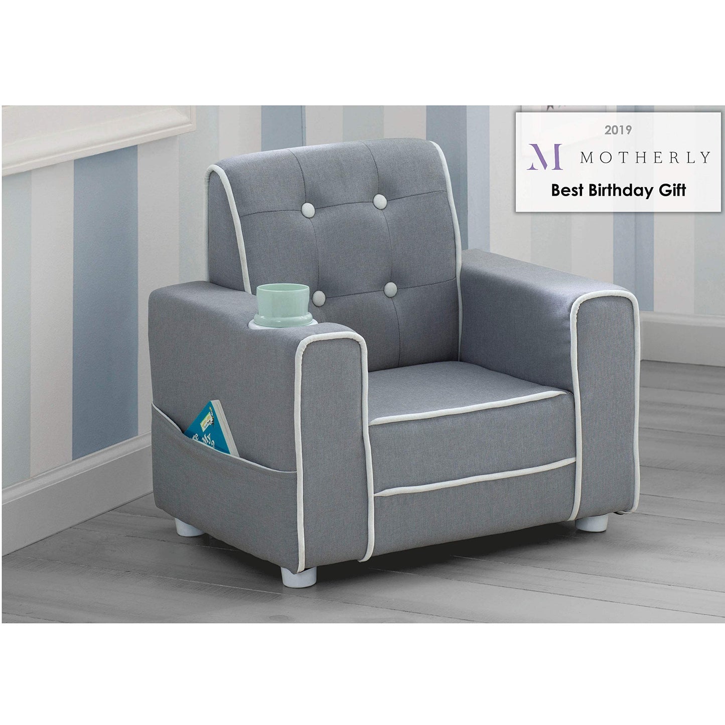 Delta Children Chelsea Kids Upholstered Chair with Cup Holder, Soft Grey