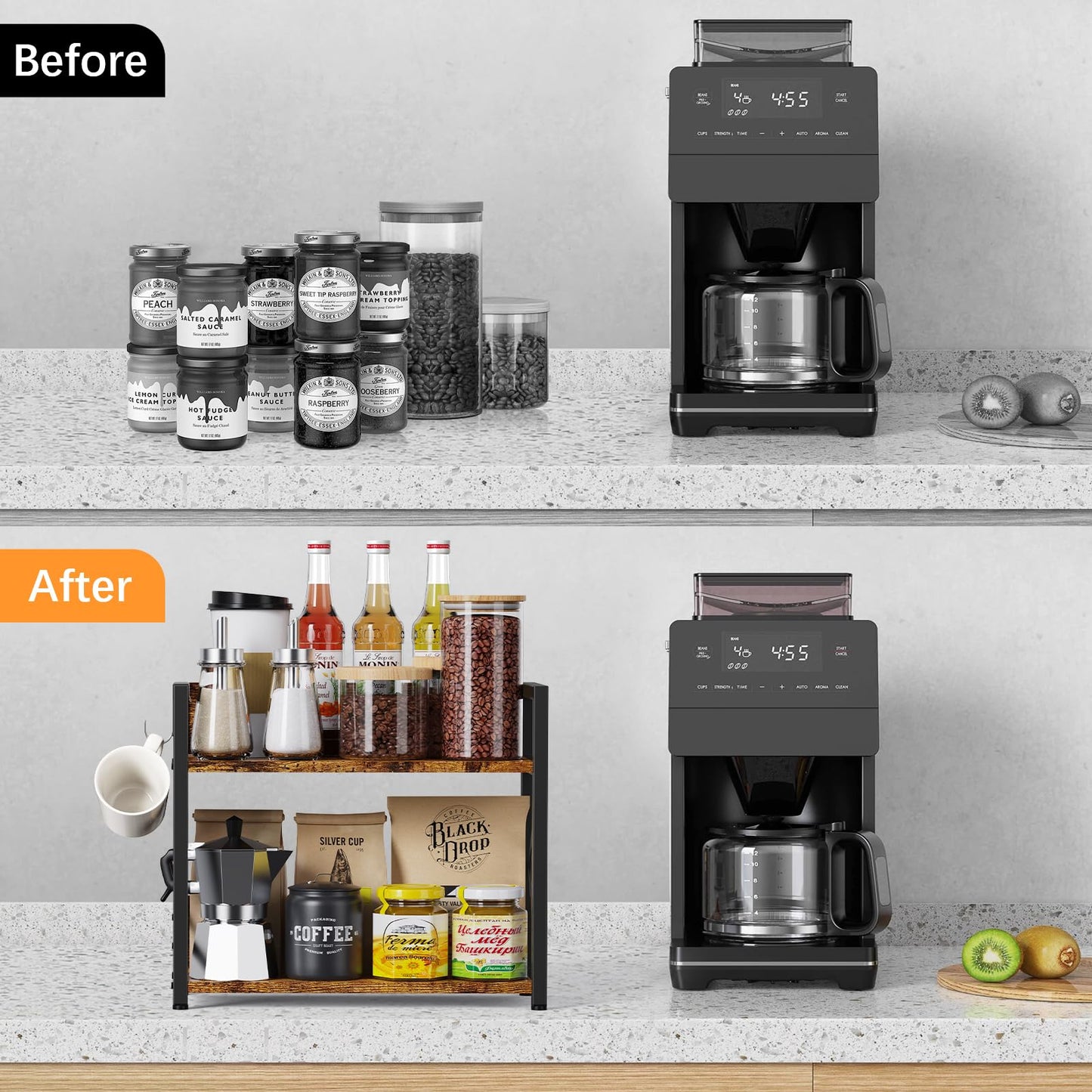 Spice-Rack-Organizer-Shelf for Kitchen Counter, 2 Tiers Coffee Bar Station Organizer for Countertop，Space Saving Desk Shelving Riser Unit (Rustic Brown, Small)