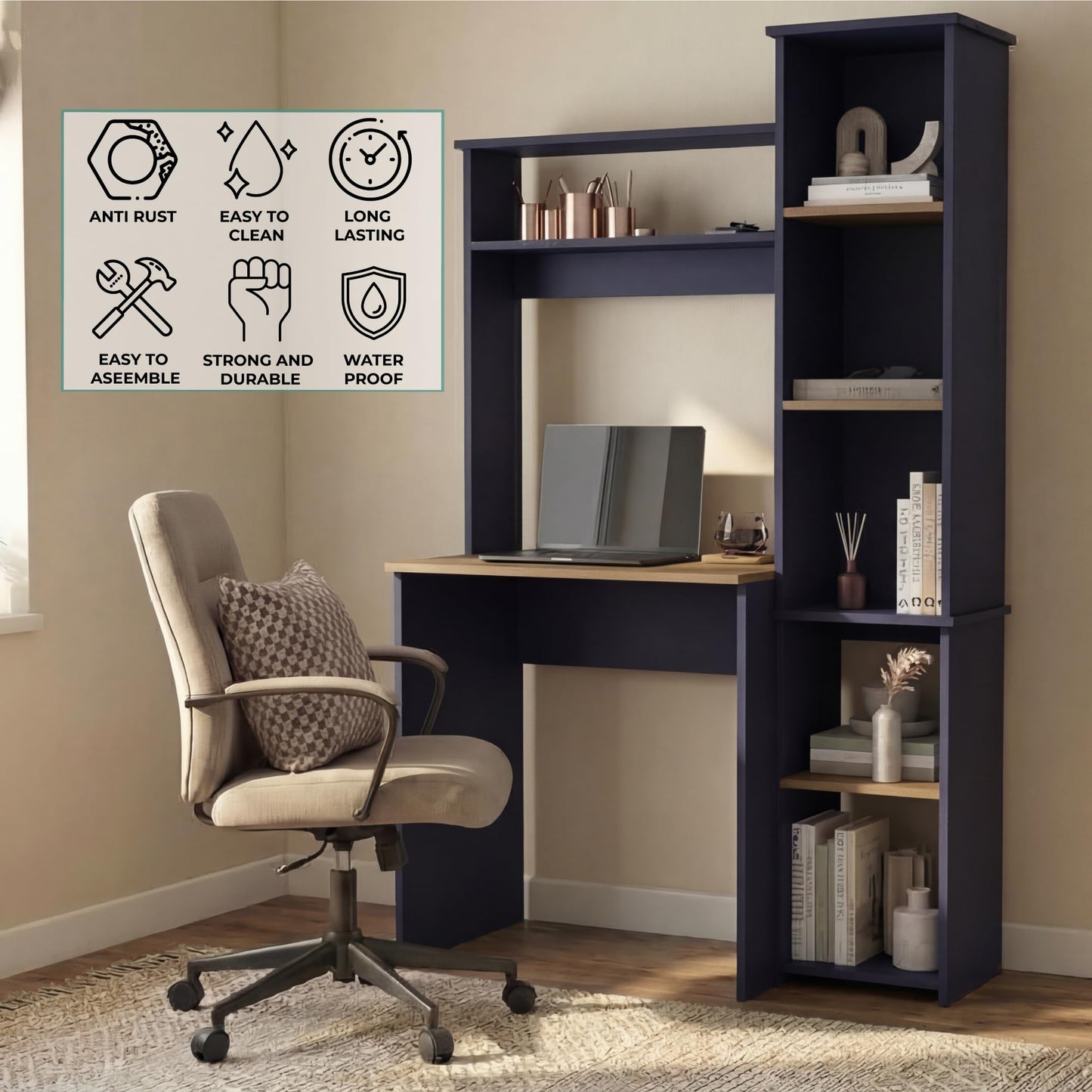 TUHOME Versalles Writing Desk with Large Monitor Shelf,Keyboard Tray and Five Side Open Storage Compartments,Modern Space-Saving Office Desk for Studios,Workspaces or Bedrooms, Functional Organization