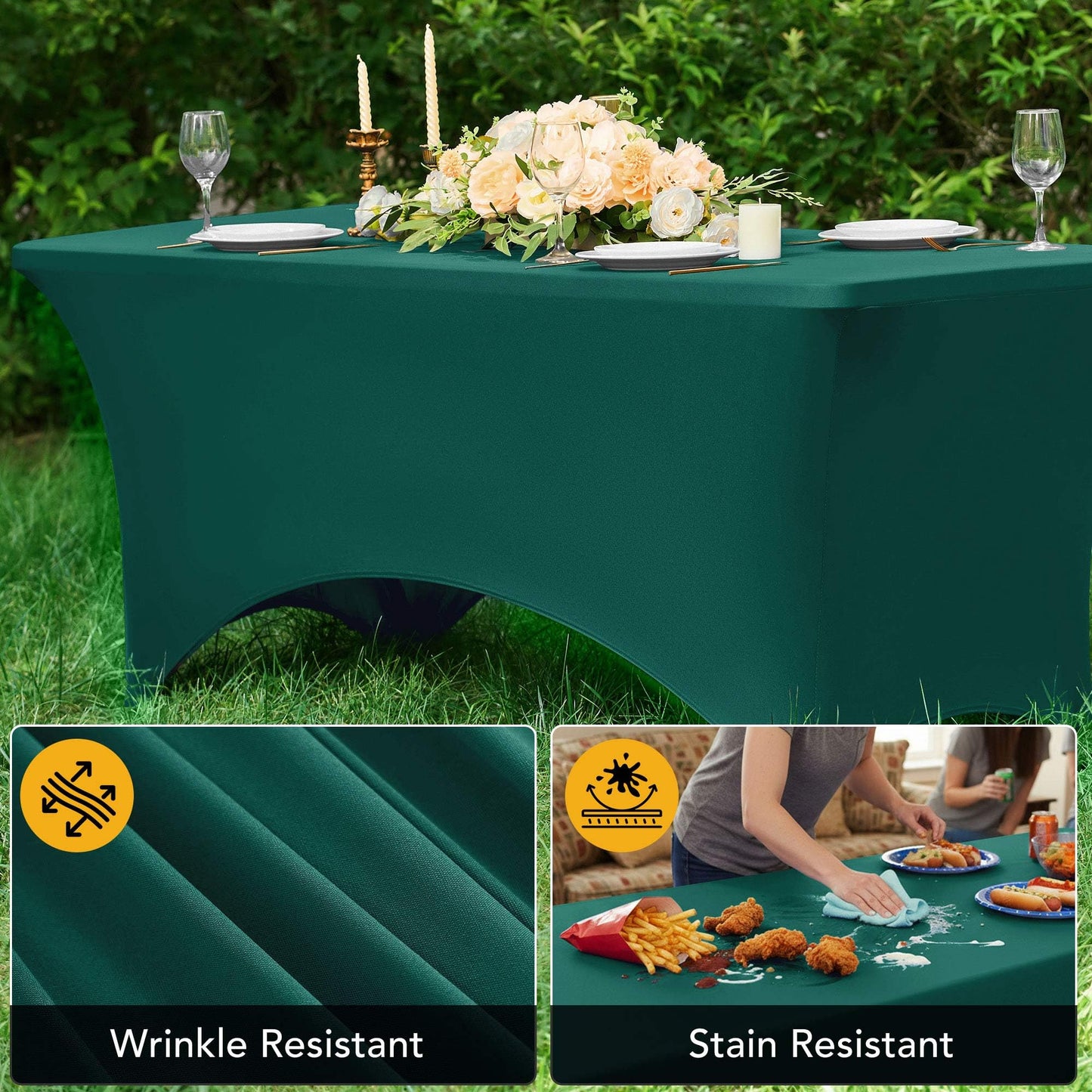 Dailyset 6-Pack Premium Hunter Green Spandex Tablecloths for 6ft Rectangle Tables, Stain & Wrinkle-Resistant, Washable Stretch Polyester Fitted Table Cover for Weddings, Banquets, Trade Shows Events