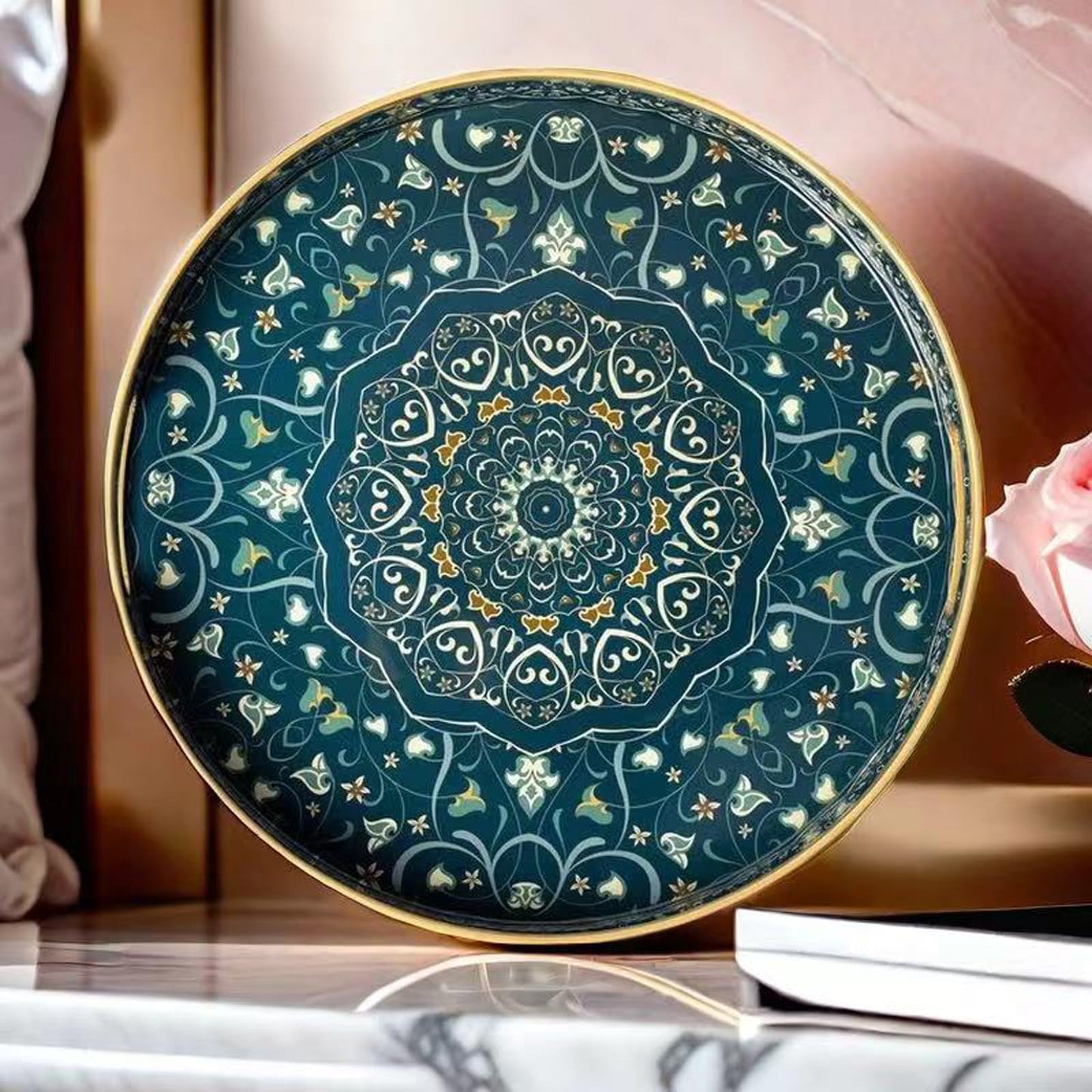 Fuukou Round Serving Tray with Handles - Large Round Ottoman Tray Coffee Table Tray,Plastic Decorative Serving Trays for Coffee Table,Round Boho Tray for Ottoman Living Room