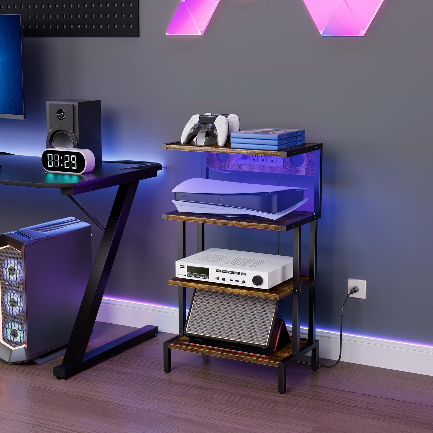 Aquzee Video Game Console Shelf, Stereo Racks - Media Stand with Outlet & Led Strip Light, 4-Tier Gaming Shelf for PS4 PS5 Xbox Games Organizer, Small Entertainment Center, AV Media Stand for CD DVD
