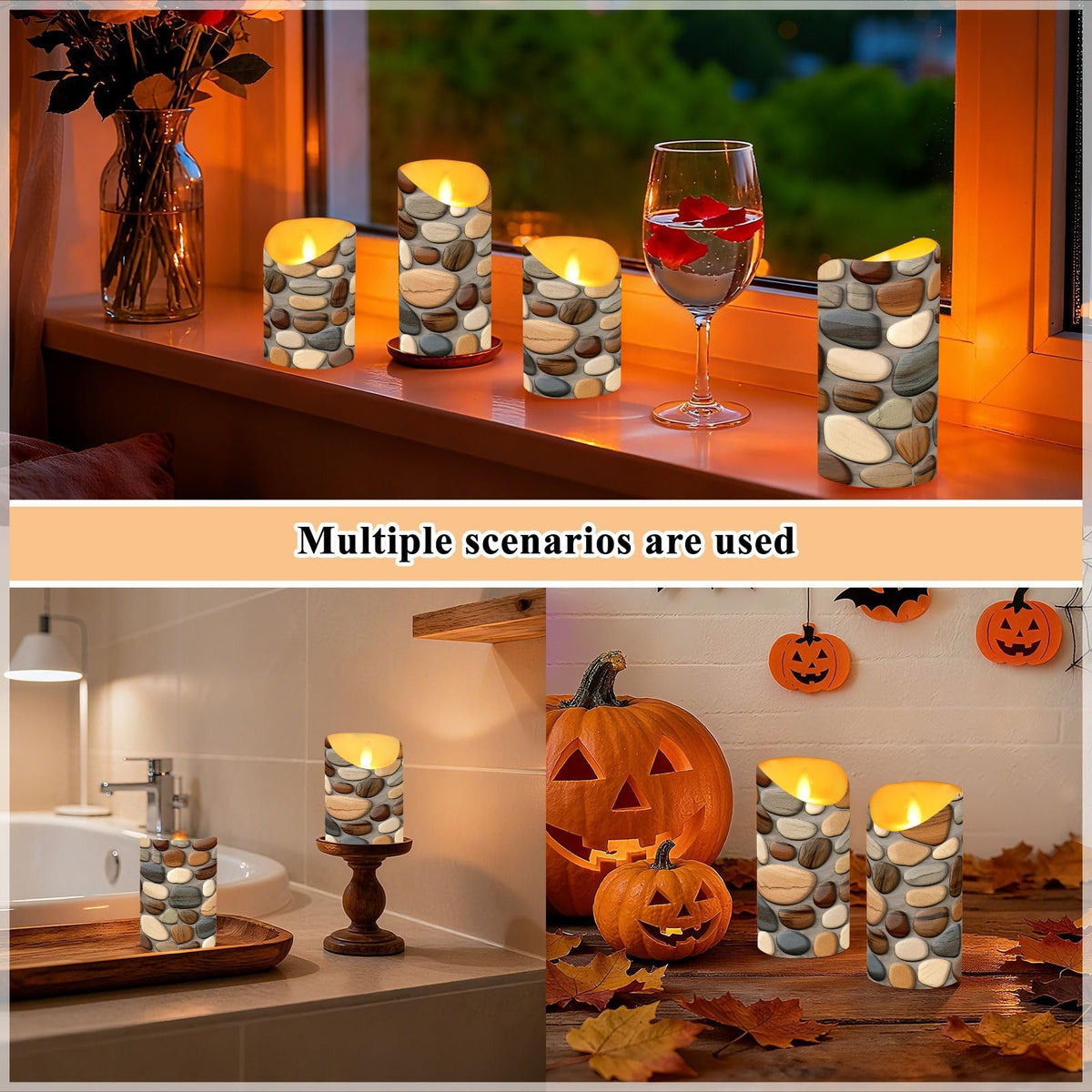 Gravopti Beautiful Pebble Stones 2 Pack Flameless LED Pillar Candles with Remote & Timer, Battery Operated, Flickering Wax Candle for Wedding, Romantic Home & Party Decor