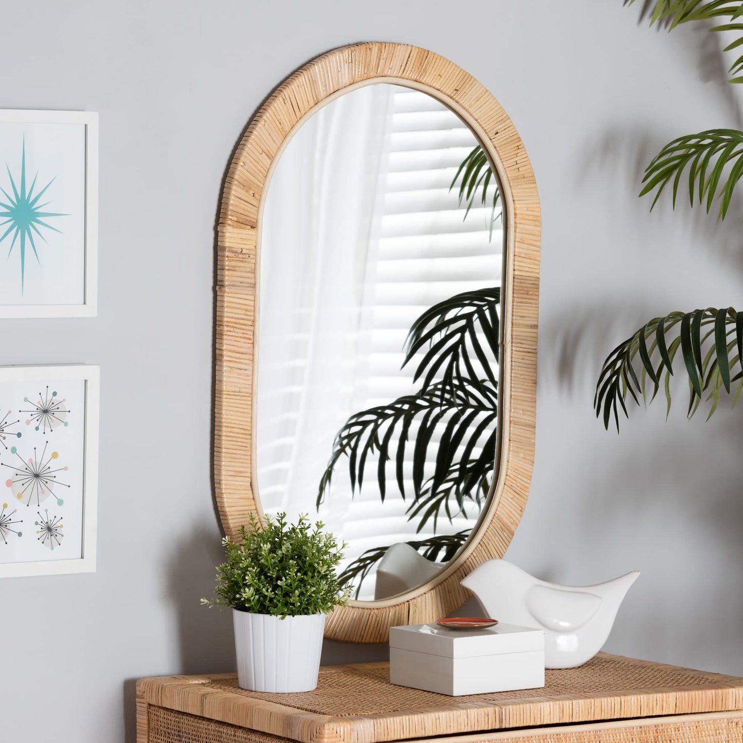 Bali & pari Bella Modern Bohemian Natural Mahogany Wood and Natural Rattan Oval Mirror
