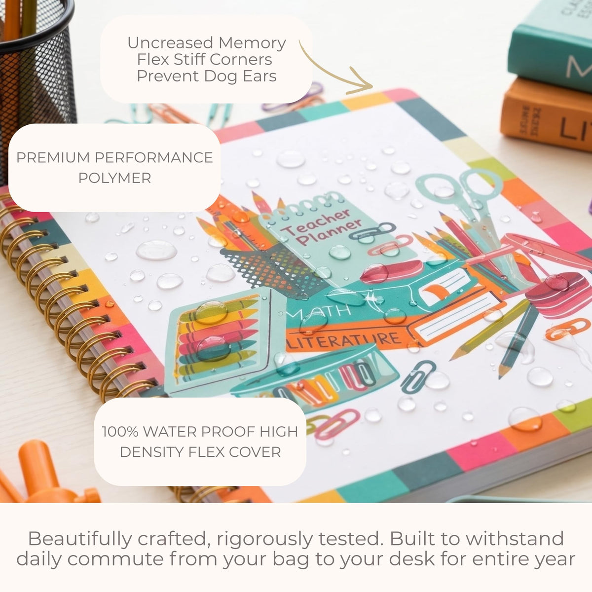 Undated Teacher Planner 8.5 x 11-12 Months & 52 Weeks | Colorful School Supplies Cover | Monthly & Weekly Lesson Plan Book with Stickers, Storage Pocket & Snap-In Bookmark | Classroom Organizer