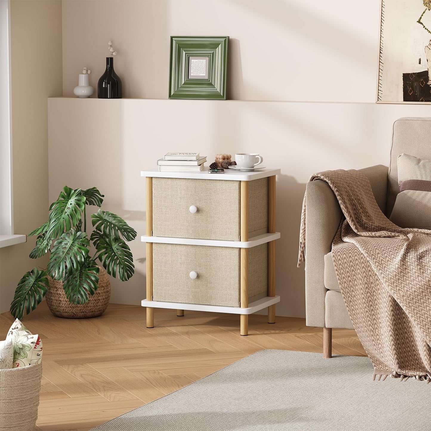 Apicizon Nightstand with 2 Storage Drawers, Boho Side Table with Solid Wood Legs, End Table for Small Spaces, Bedroom, Living Room, Entryway, White+Natural