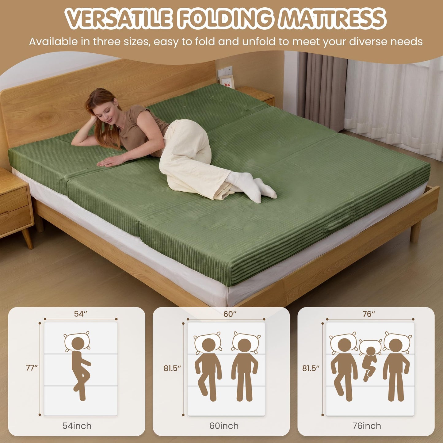 Convertible Sofa Bed,60" Boneless Couch,Tri Folding Floor Mattress with Removable L-Shaped Armrests & Handle,Corduroy Futon Couch Sleeper with Pull Out Bed for Living Room Bedroom Apartment