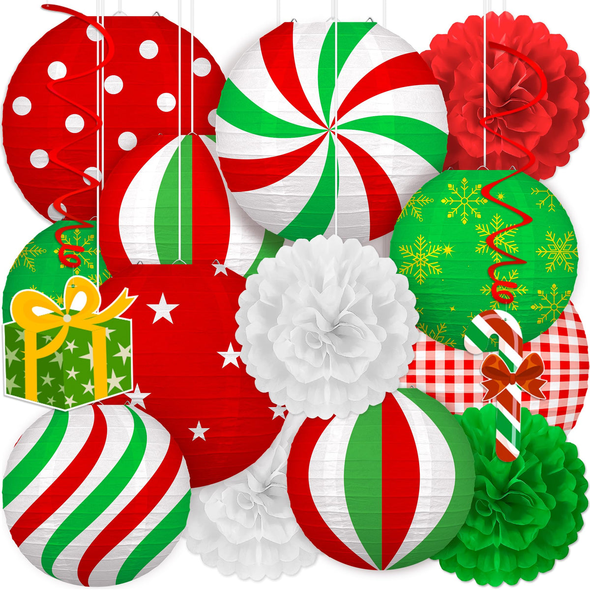 Renbuzhu 15PCS Christmas Decorations Ornaments Set – 9 Red White Green Paper Lanterns, 4 Pom Poms, 2 Hanging Swirls for Indoor, Home, Xmas Party, Porch Decor