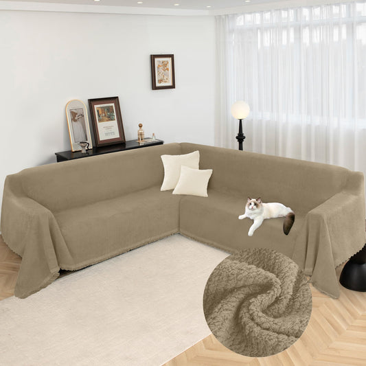 Arfntevss Corner Sectional Couch Covers L Shape Plush Sofa Cover with Tassel Thick Soft Couch Cover for Sectional Sofa U Shaped Slipcovers Washable Dog Furniture Protector (71" x 224", Khaki)