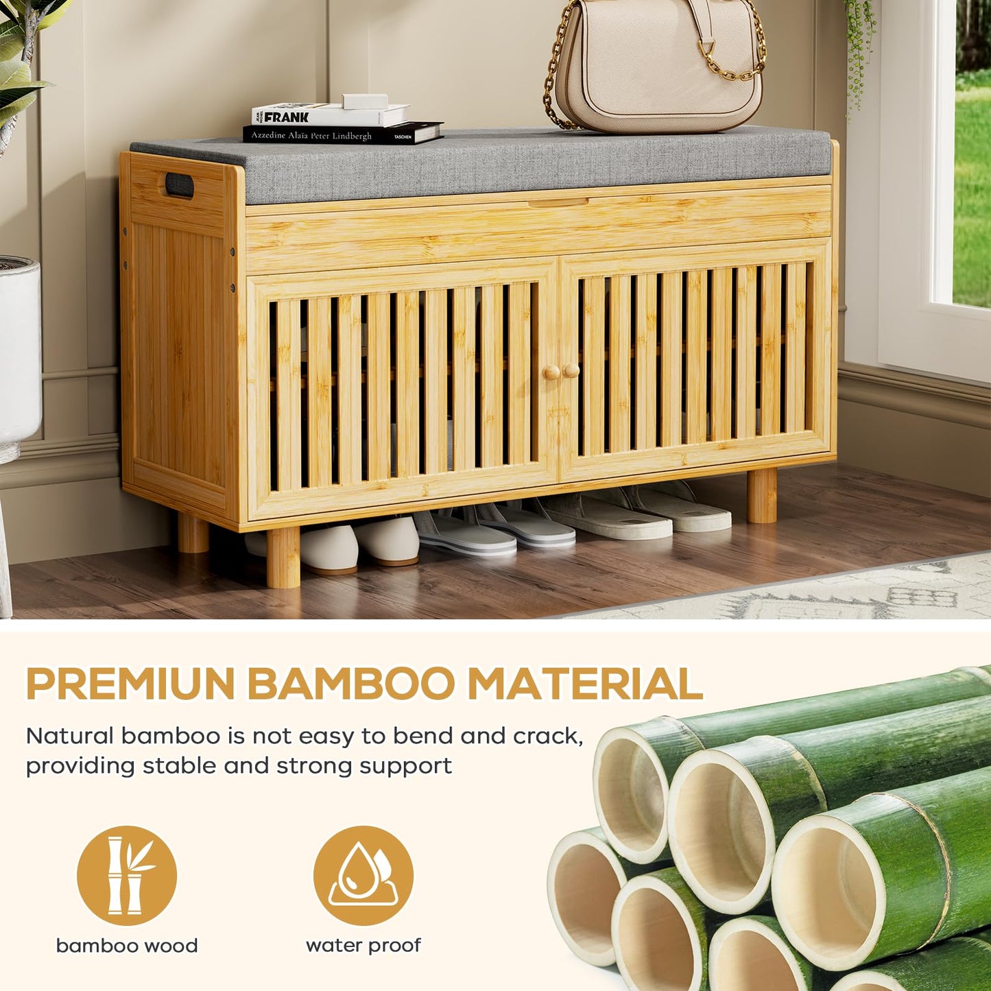 oakvivo Bamboo 35.4in Shoe Storage Bench with Lift Top Storage & Padded Seat Cushion, 2-Tier Shoe Rack Cabinet with 2 Doors for Entryway, Living Room, Bedroom, Mudroom, Natural