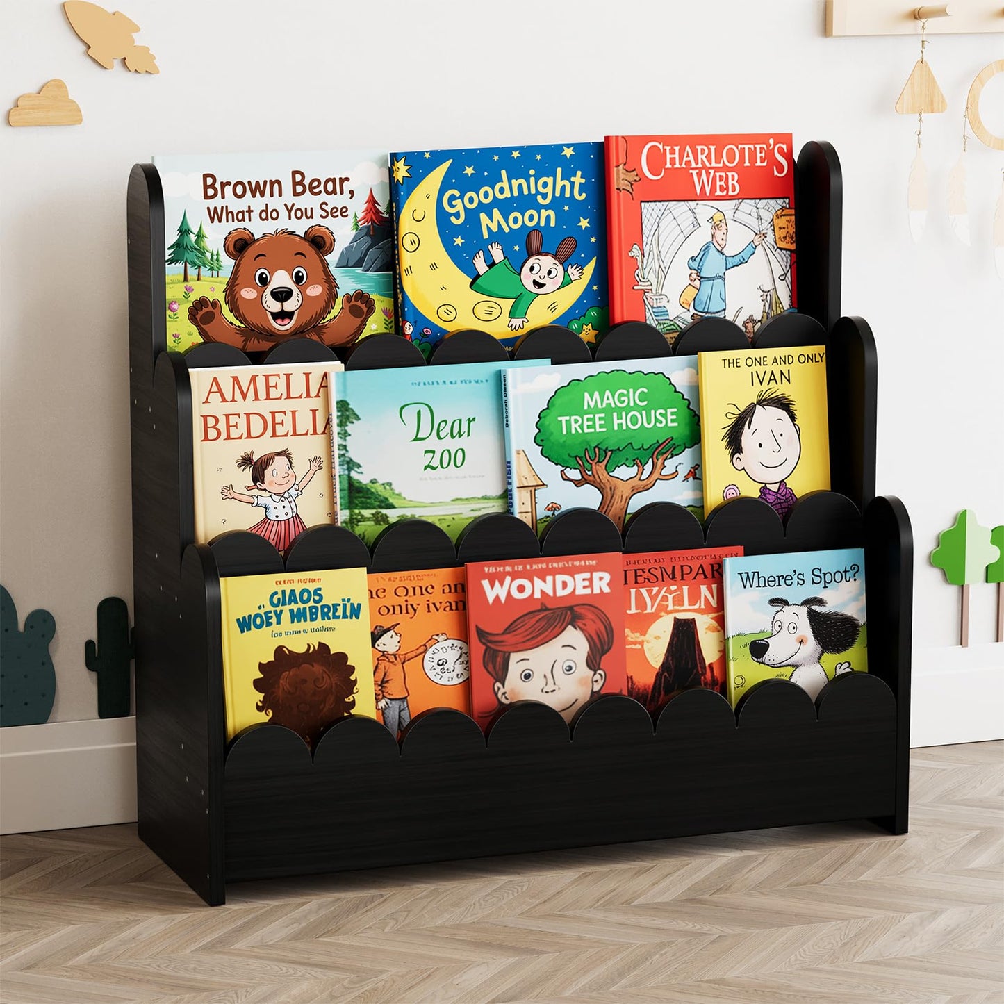 SpaceAid 3-Tier Scalloped Bookshelf, Montessori Bookcase for Toddlers, Wooden Book Shelf Organizer Display Furniture for Kids Rooms, Playroom, Nursery and Classroom, Black