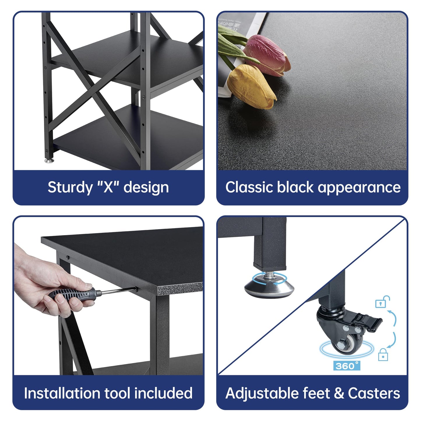 Fannova Printer Stand, 23.6 x 23.6 x 30.1 Inches Large Square Printer Table with Height Adjustable Storage Shelf, 3 Tier Rolling Printer Cart with Industrial Wheels for Home Office - Black