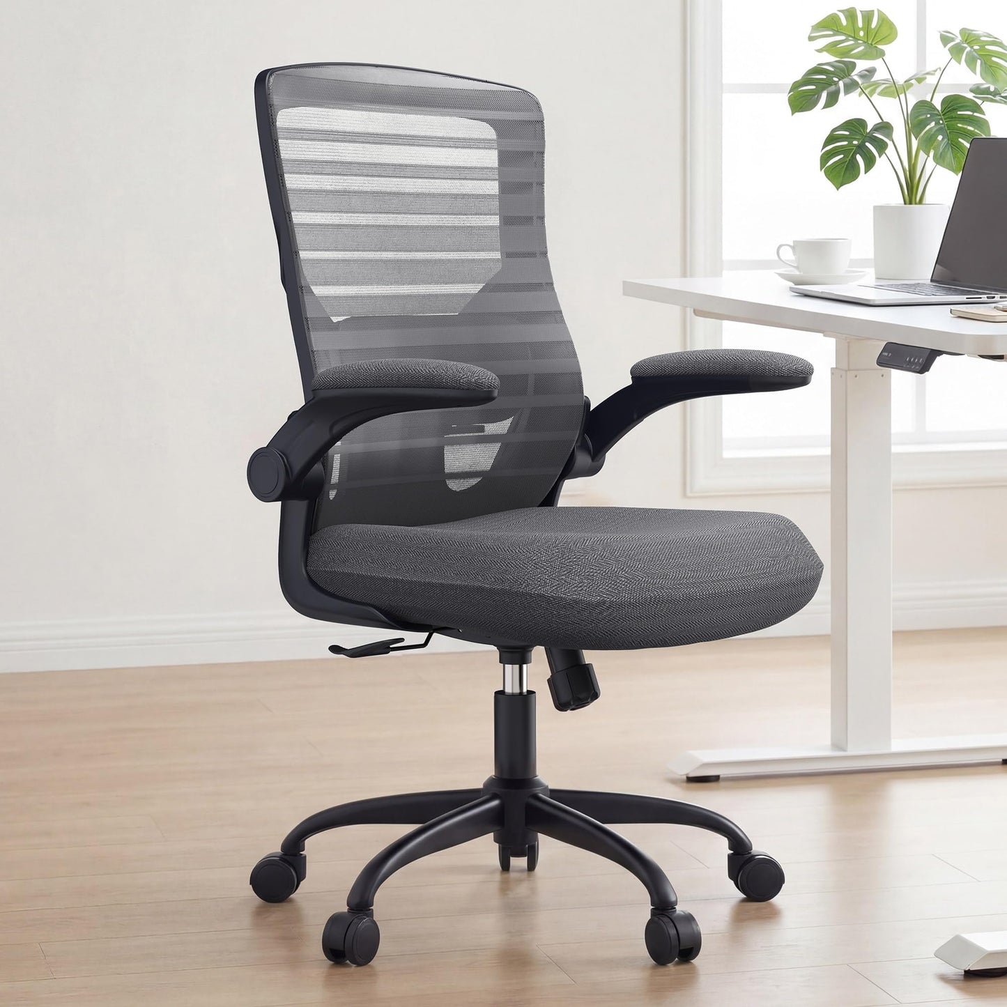 QLTPLUS Office Desk Chair for Long Hours & Back Pain Relief – 4“ Thick Molded Foam Cushion, Enhanced Lumbar Support, Padded Flip-up Armrests, Ideal for Office or Study, Dark Gray