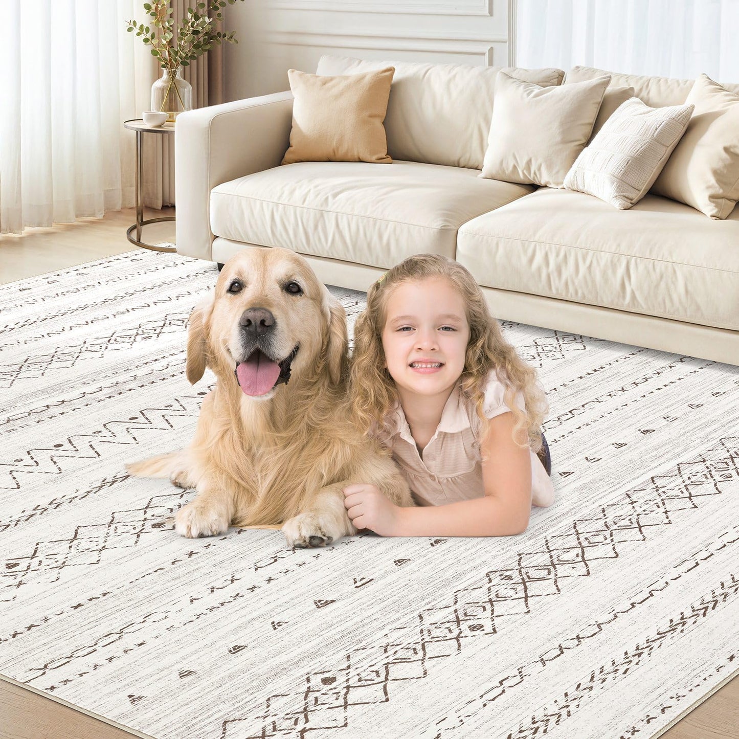 cotiled 5x7 Area Rugs Living Room Rug: Washable Boho Rugs with Non Slip Backing Large Soft Indoor Stain Resistant Carpet for Bedroom Farmhouse Dining Room Lightweight Home Decor Brown