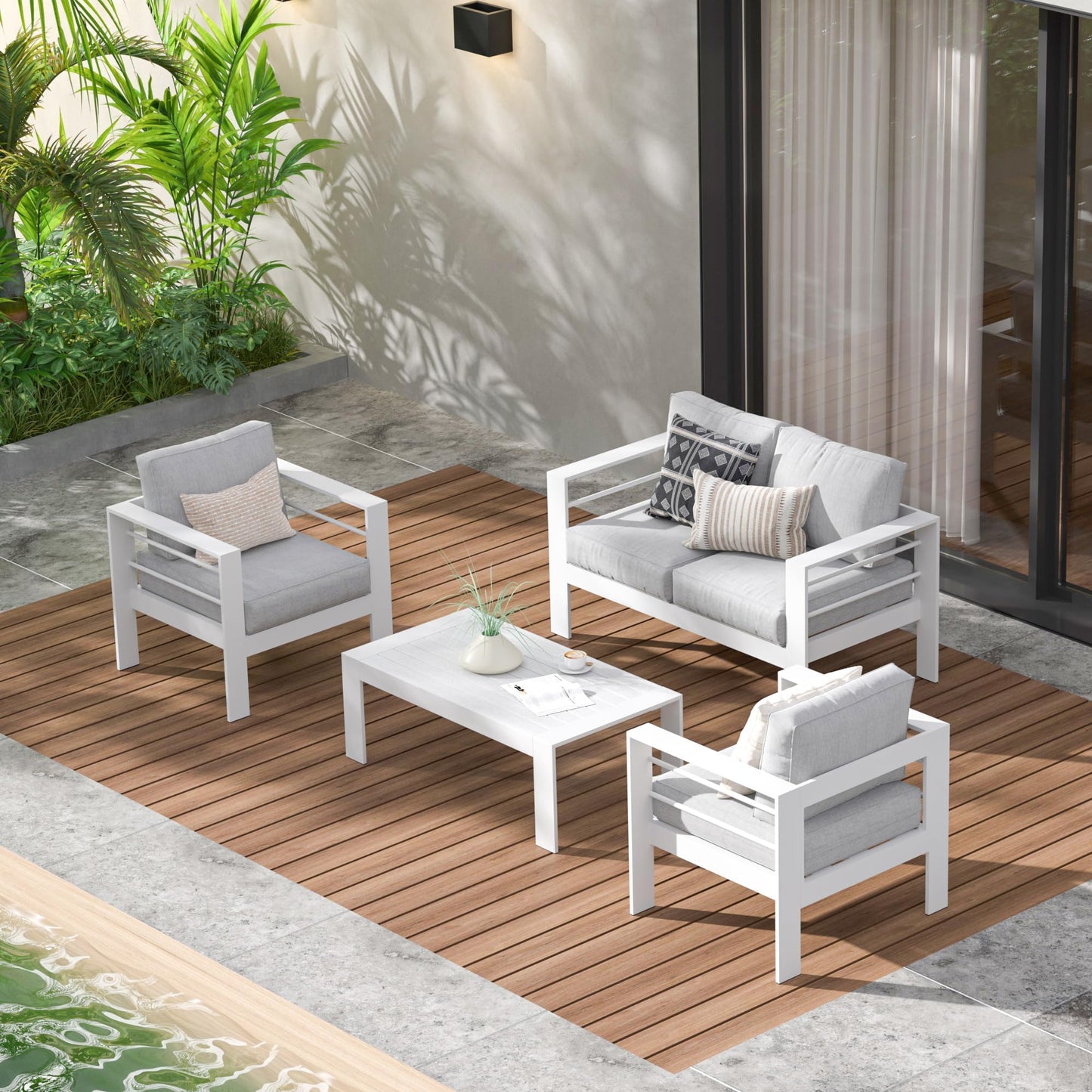 Kiss the Water Loveseat Aluminum Outdoor Patio Sofa Set, All Weather Rust-Proof Metal Patio Couch, Modern Outdoor Furniture for Backyard Porch Garden, 5" Thick Waterproof Olefin Cushions, Light Grey