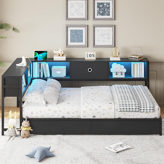 DICTAC Corner Bed Frame with 2 Storage Drawers and Bookcase Headboard Twin XL