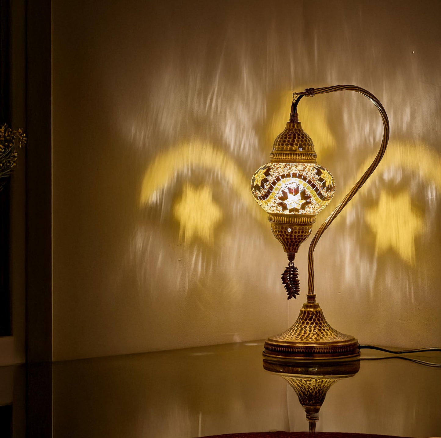 DEMMEX Turkish Moroccan Table Lamp, Swan Neck Tiffany Style Mosaic Glass Table Desk Bedside Lamp for Bedroom, Living Room – Handcrafted in Turkey, Amber Brown