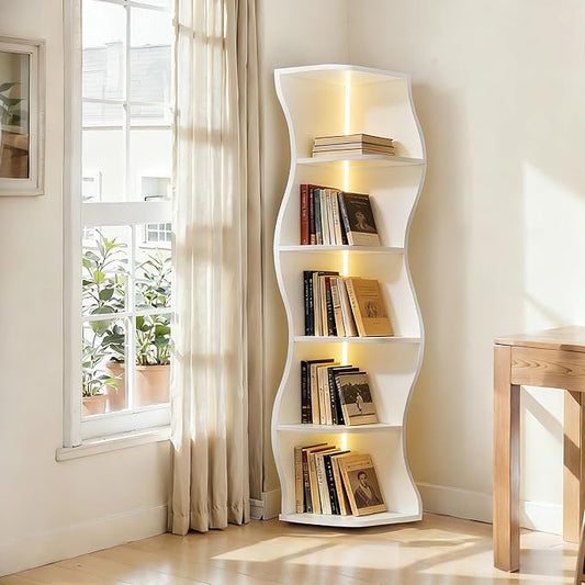 VECELO Wavy Corner Shelf with LED Light, Decorative 6-Tier Corner Display