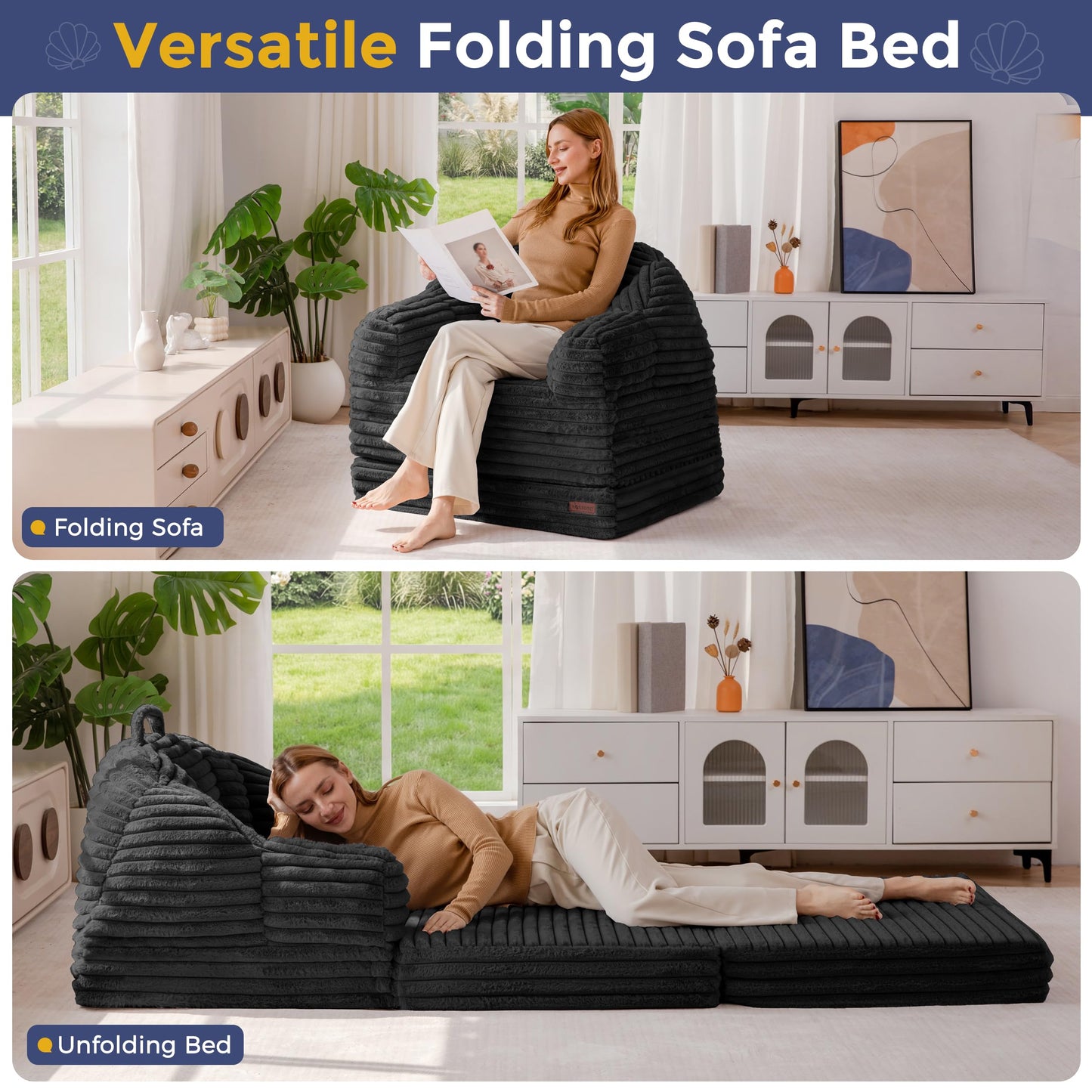 MAXYOYO Folding Sofa Bed, 2 in 1 Convertible Sofa to Lounger Comfy Faux Fur Bean Bag Chair for Adults, Floor Single Couch Chair with Handle, Couch Bed for Living Room Bedroom, Black