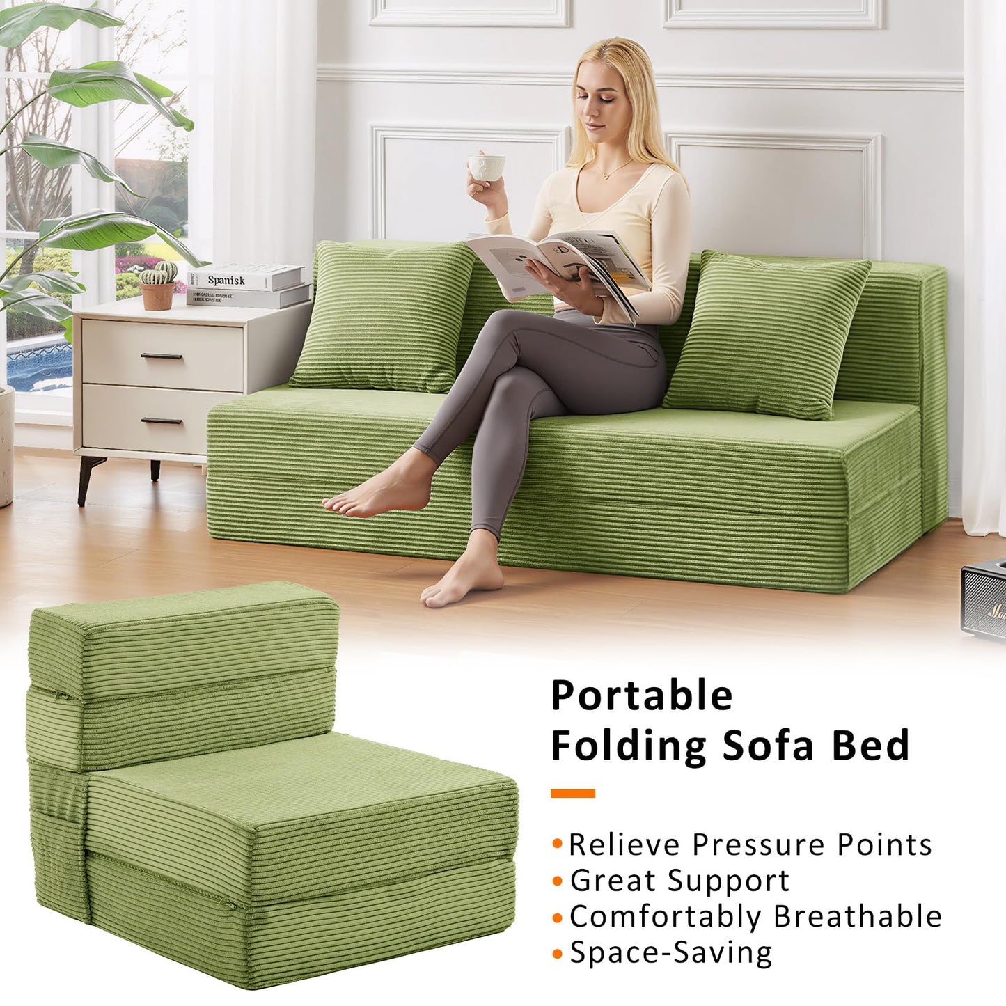 JKMAX Single Size Folding Sofa Bed - 4 in 1 Convertible Sleeper Chair - High Density Memory Foam Futon Couch - Foldable Bed for Living Room Bedroom (Green)