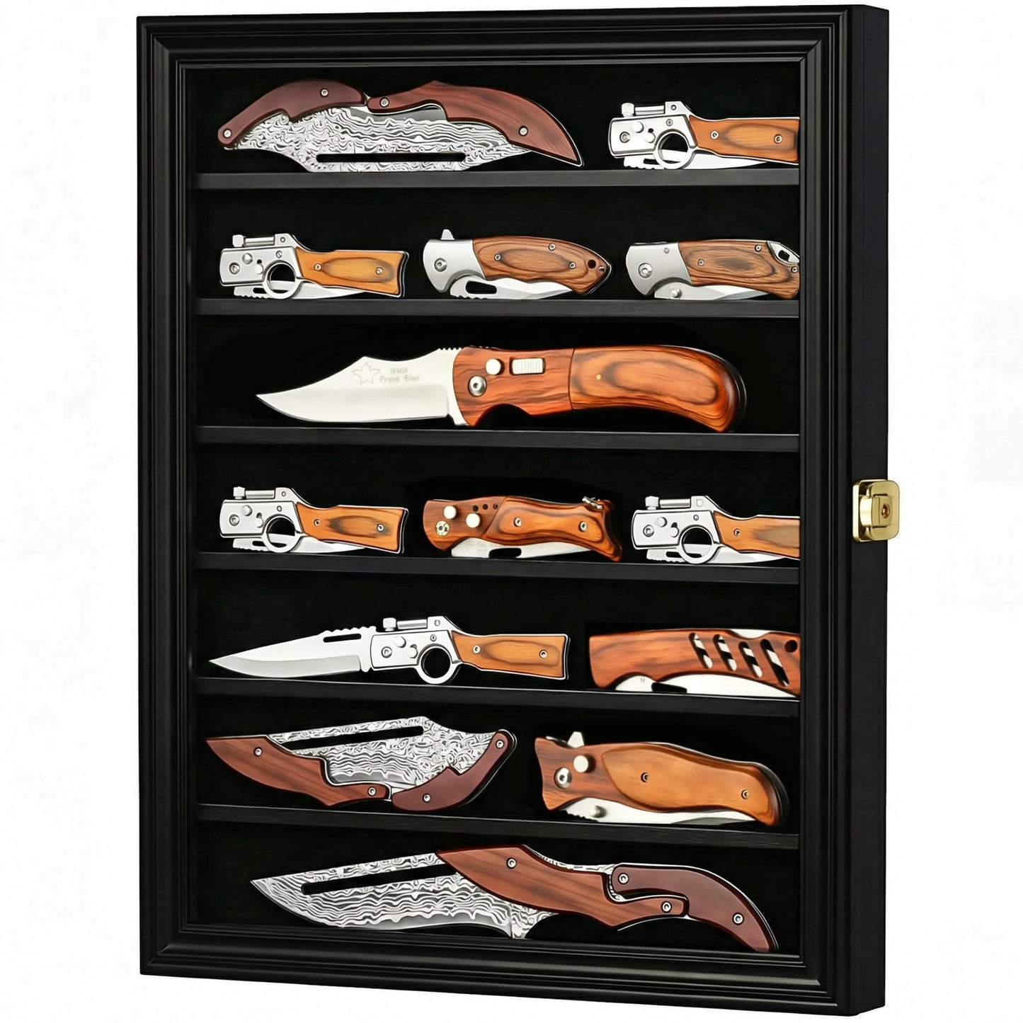 DisplayGifts Pocket Knife Display Case Stand Military Folding Knives Display Frame Shadow Box for Hunting Knives Collectibles with 98% UV Protection Lockable (Black Finish)