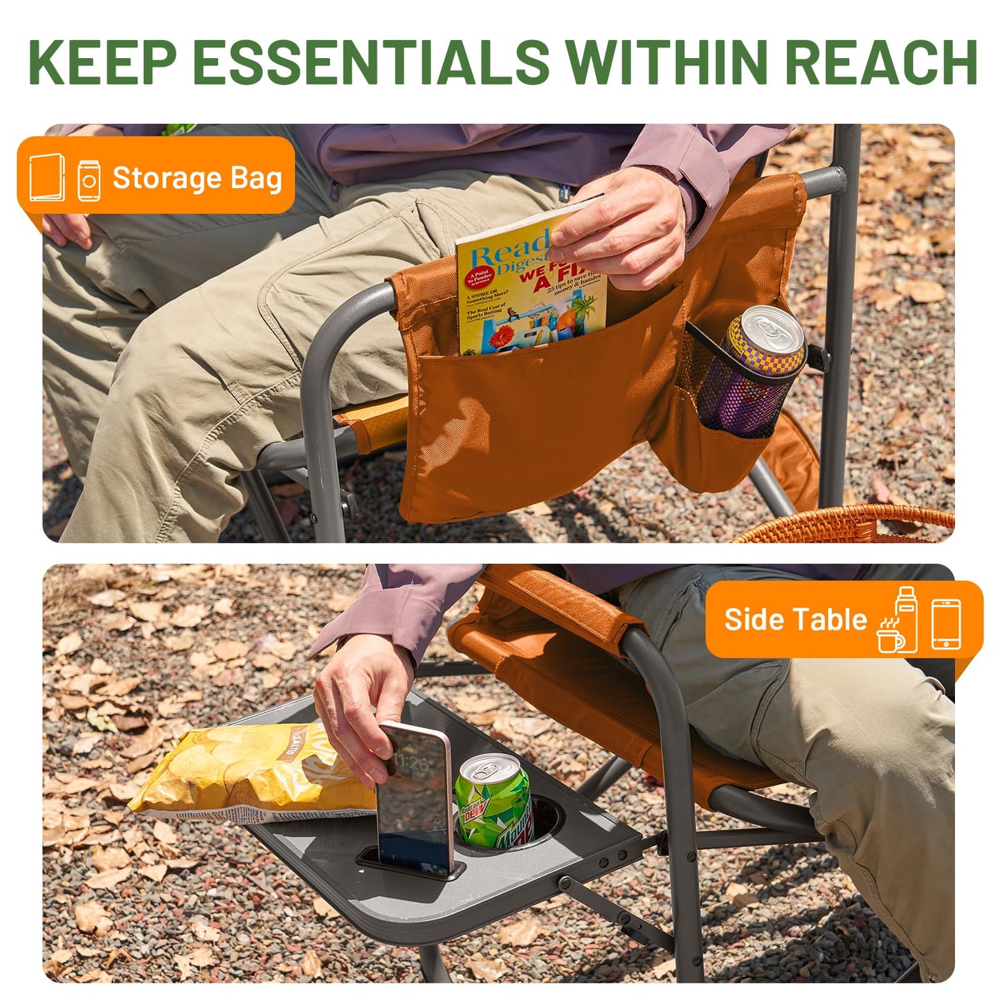 TIMBER RIDGE XXL Director’s Chair – Heavy Duty Folding Chair with Side Table, 500 lb Capacity, Extra Wide Padded Seat for Camping, Sports, Beach, Patio, and Outdoor Use, Orange-2 Pack