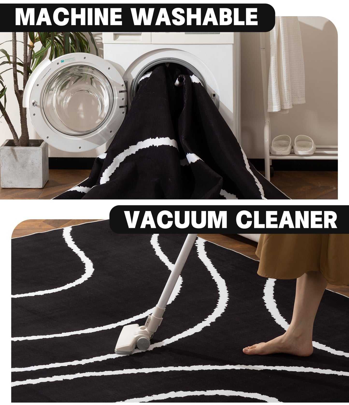 YIHOUSE Black Modern Area Rugs 9x12,Large Black and White Rugs for Living Room,Wave Washable Rug 9x12,Thin Abstract Geometric Rug,Minimalist Striped Rugs for Bedroom,Office