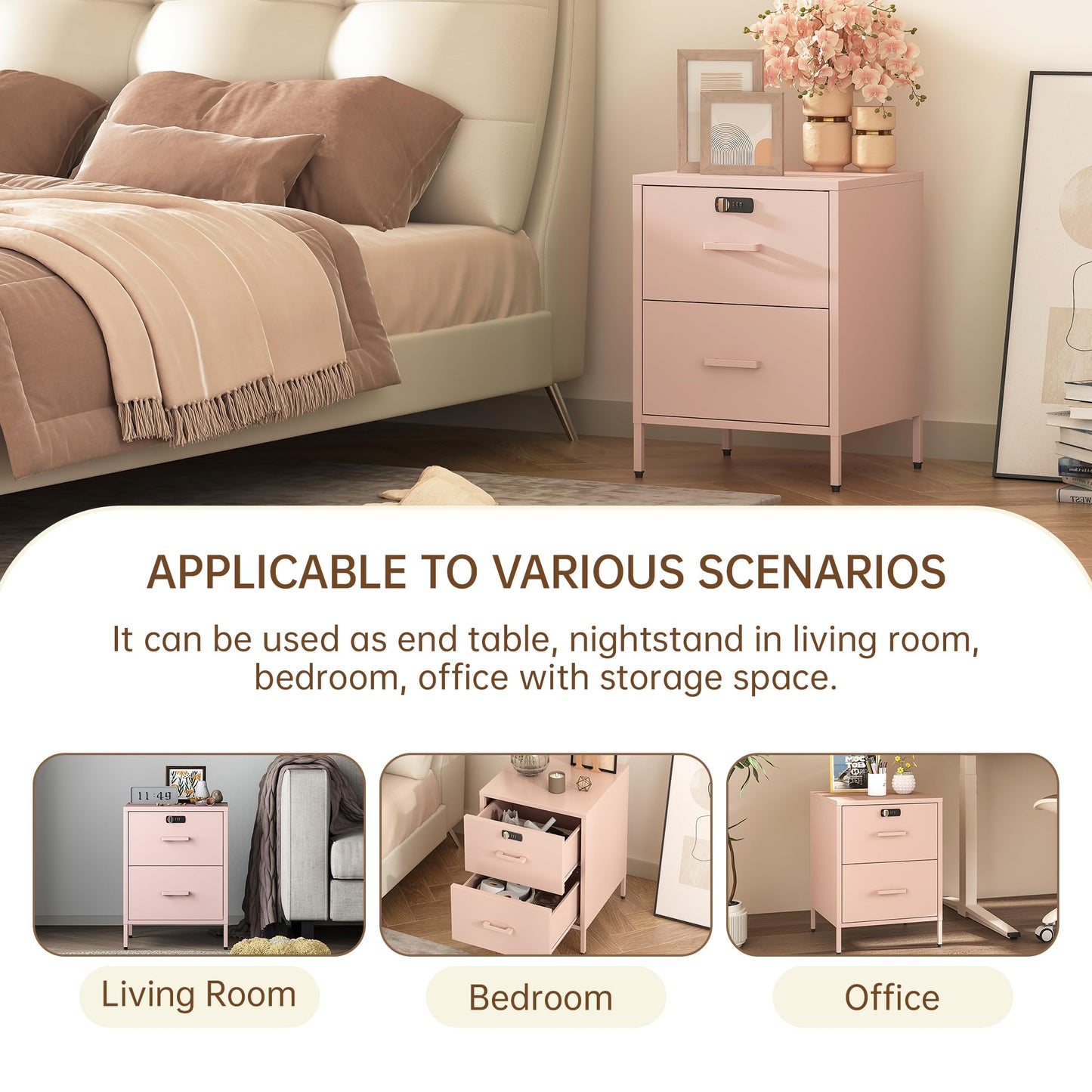 Steehoom Metal Nightstand with Lock, 2 Drawer End Side Table, Lockable Storage Cabinet Kids Cabinet for Living Room, Bedroom, Dorm, 21.26”H X 15.75”W X 15.75”D (2 Drawer, Pink)