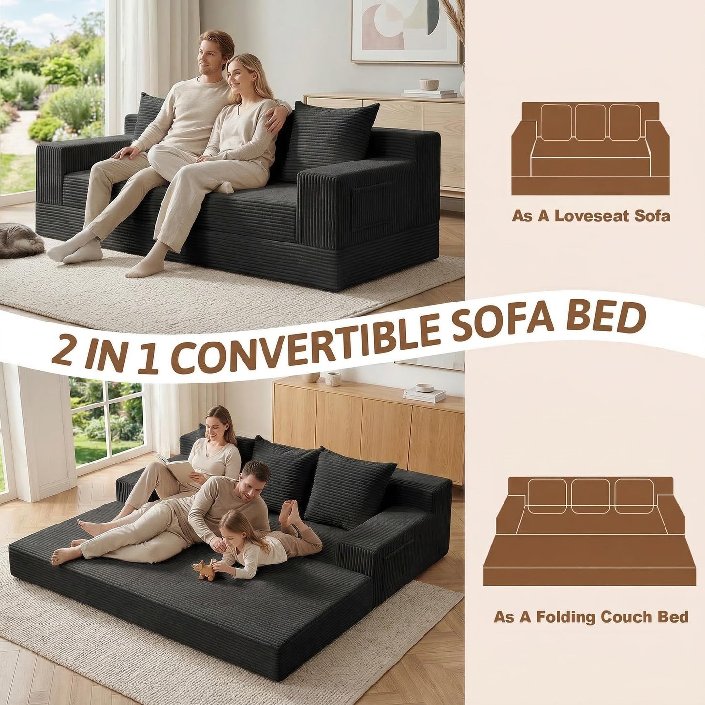 NLDD 78" Convertible Sofa Bed, Foldable Floor Couch Futon Sofa,High-Density Sponge Boneless Couch, 3 Seater Sleeper Couch with 3 Pillows for Living Room Bedroom Lounge (Black)