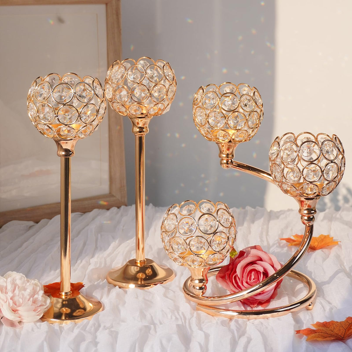 KEHAIL Gold Metal Crystal Candle Holder Set of 3 - Elegant 5-Arm Metal Tea Light Centerpiece with Shining Crystal Bowl, Wedding Anniversary Table Decor for Dining, Party