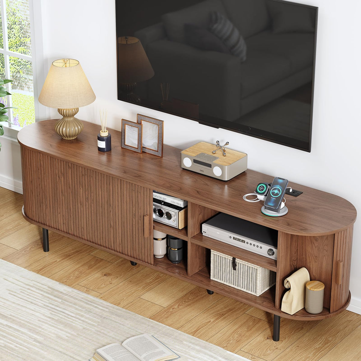 70.8" TV Stand with Power Outlet, Mid-Century Modern Television Stand, Fluted Media Console with Sliding Doors, Entertainment Center for TVs up to 60 Inch, Adjustable Shelves, Walnut