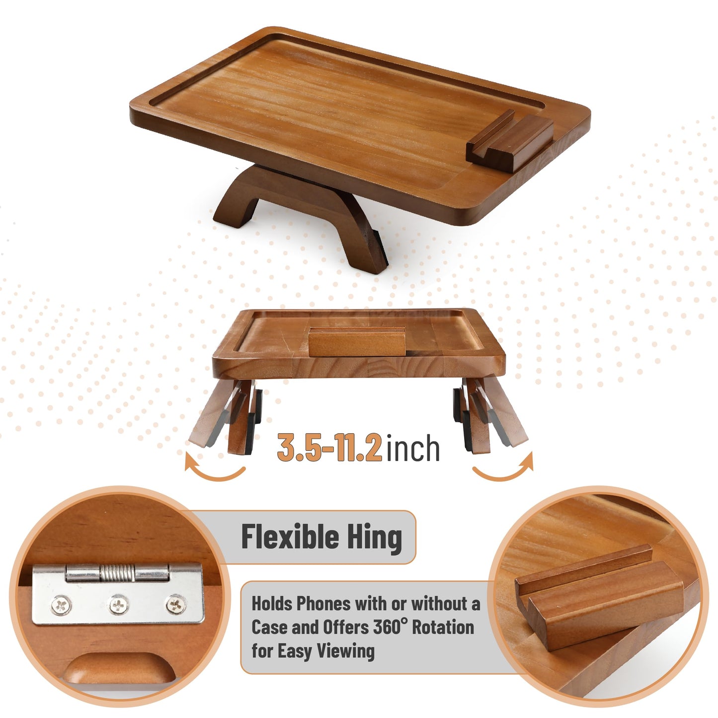 BAMBOO LAND- Couch Arm Tray, Wooden Folding Couch Armrest Table, Rectangular Clip-On Sofa Arm Tray with 360° Rotating Phone Holder
