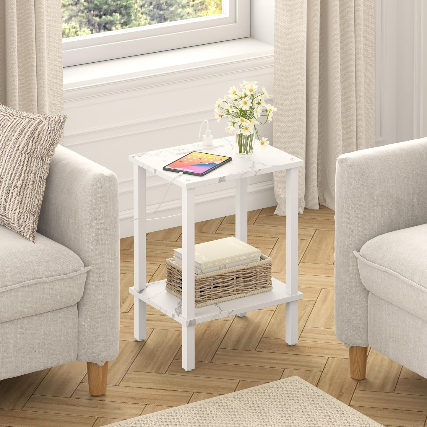 TUTOTAK End Table with Charging Station, Small Side Table with Outlets, Nightstand Bedside Table, 2-Tier Storage Shelf for Small Space, Living Room, Bedroom, Marble White TB01BMW040