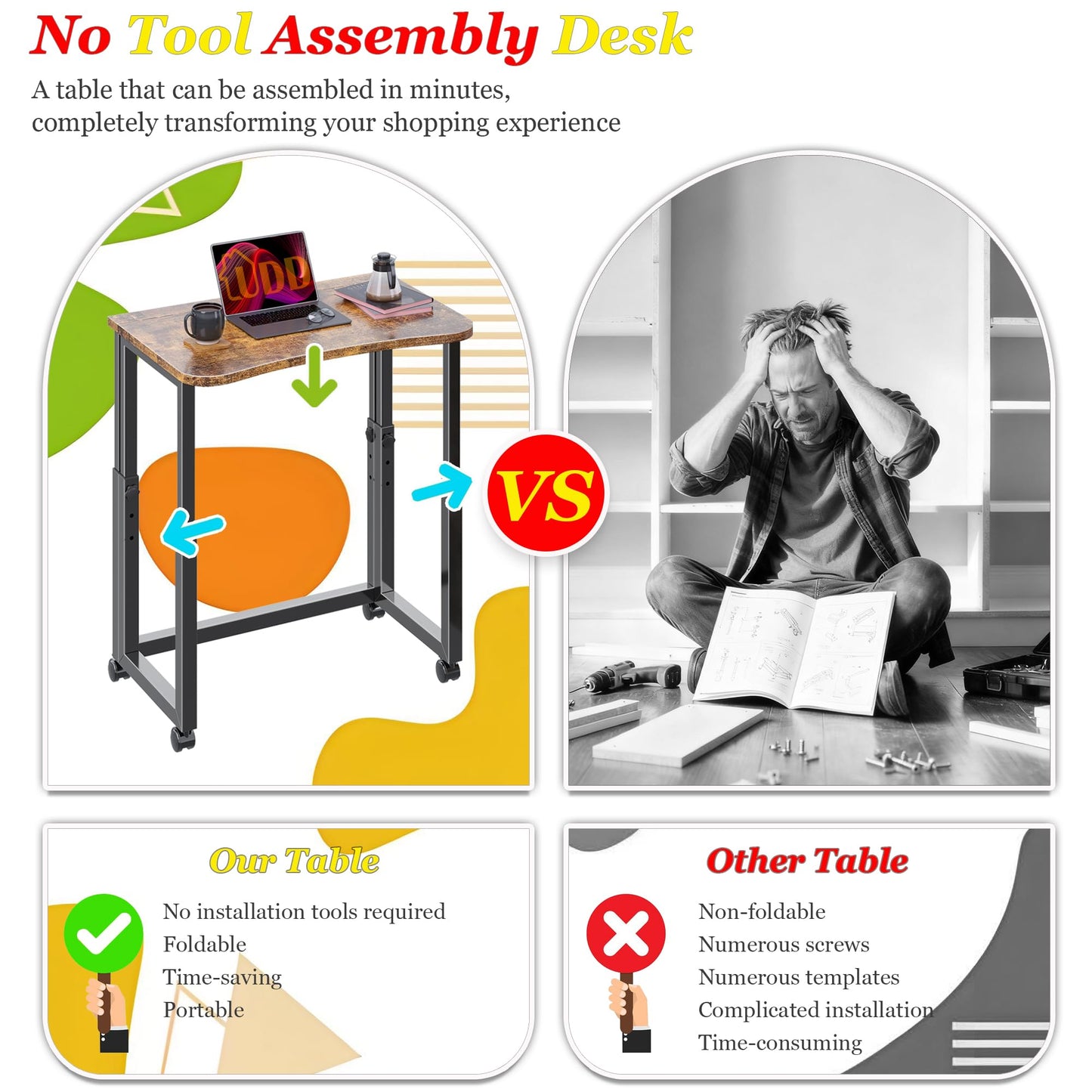 UDD No Tools Assembly Folding Desk, 23.6" Mobile Computer Desks with Wheels, Foldable Writing Fold Table, Portable Collapsible Work Craft Tables for Small Space Home Office Bedroom, Rustic Brown Black