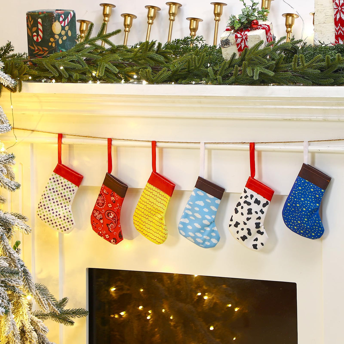 Realspring 24 Pack Christmas Mini Cartoon Stockings 6 Inch Christmas Cow Blue Sky White Cloud Hanging Tree Ornament Stockings Filling Gift Fireplace Decorations Supplies for Xmas Holiday Present