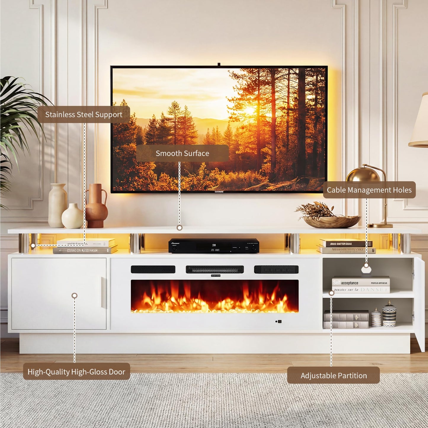 OneBlis 70" Fireplace TV Stand for TVs UP to 80", Electric Fireplace Entertainment Center with LED Lights & Storage Cabinets, TV Console for Living Room, Office, White-White