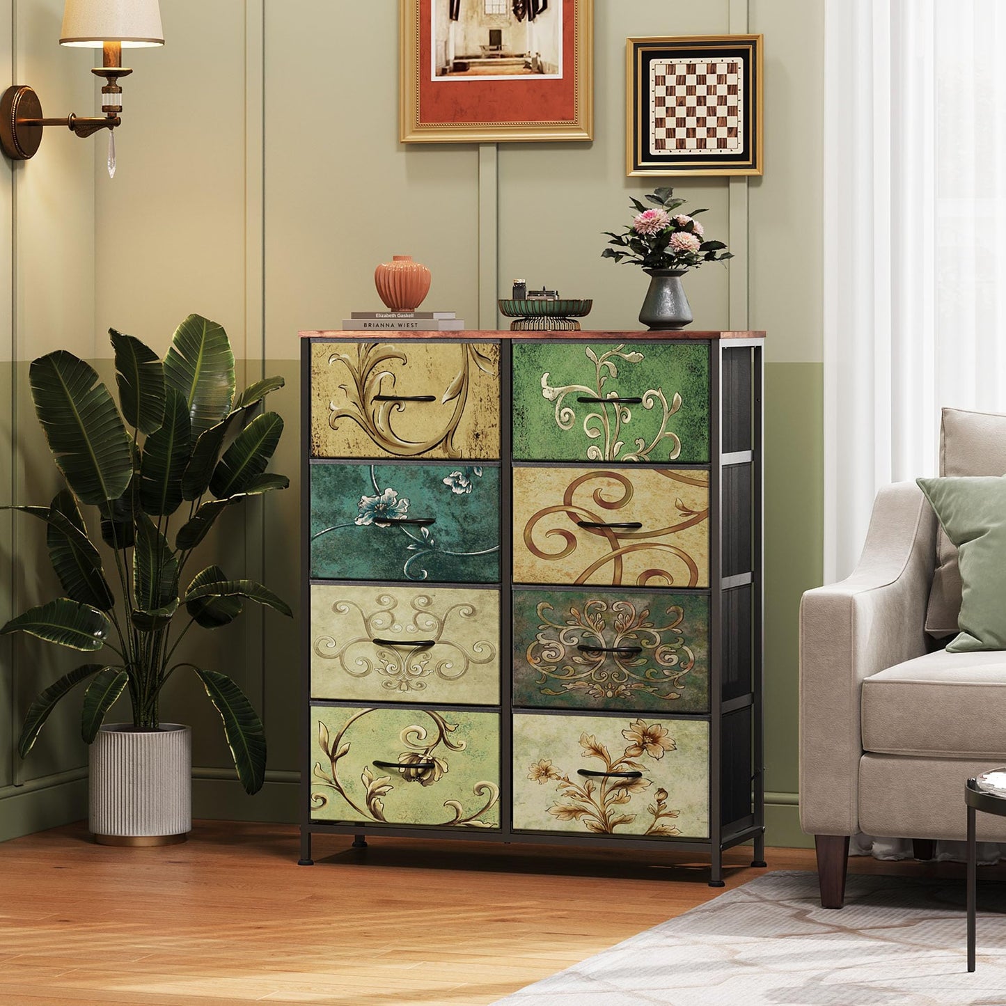 WLIVE Tall Fabric Dresser with 8 Drawers, Storage Tower with Fabric Bins, Double Dresser, Chest of Drawers for Closet, Bedroom, Living Room, Hallway, Dorm, Floral Painted