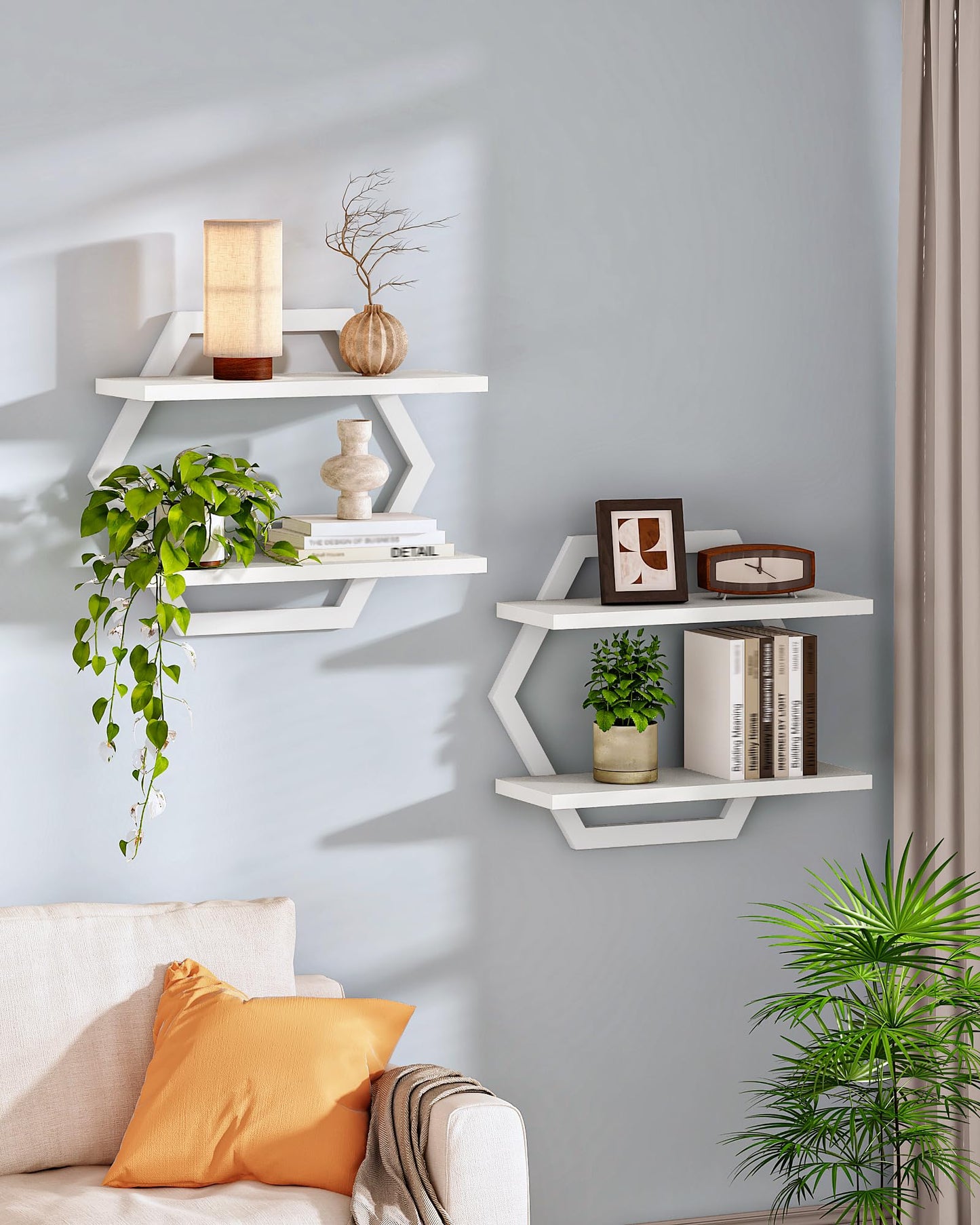 CHOEZON Hexagon Floating Shelves for Wall, Set of 2, 2 -Tier Hanging Shelves, Wall Mounted Storage Shelves, for Living Room, Bedroom, Kitchen, Home Office, Study, White TBJ06P2WB