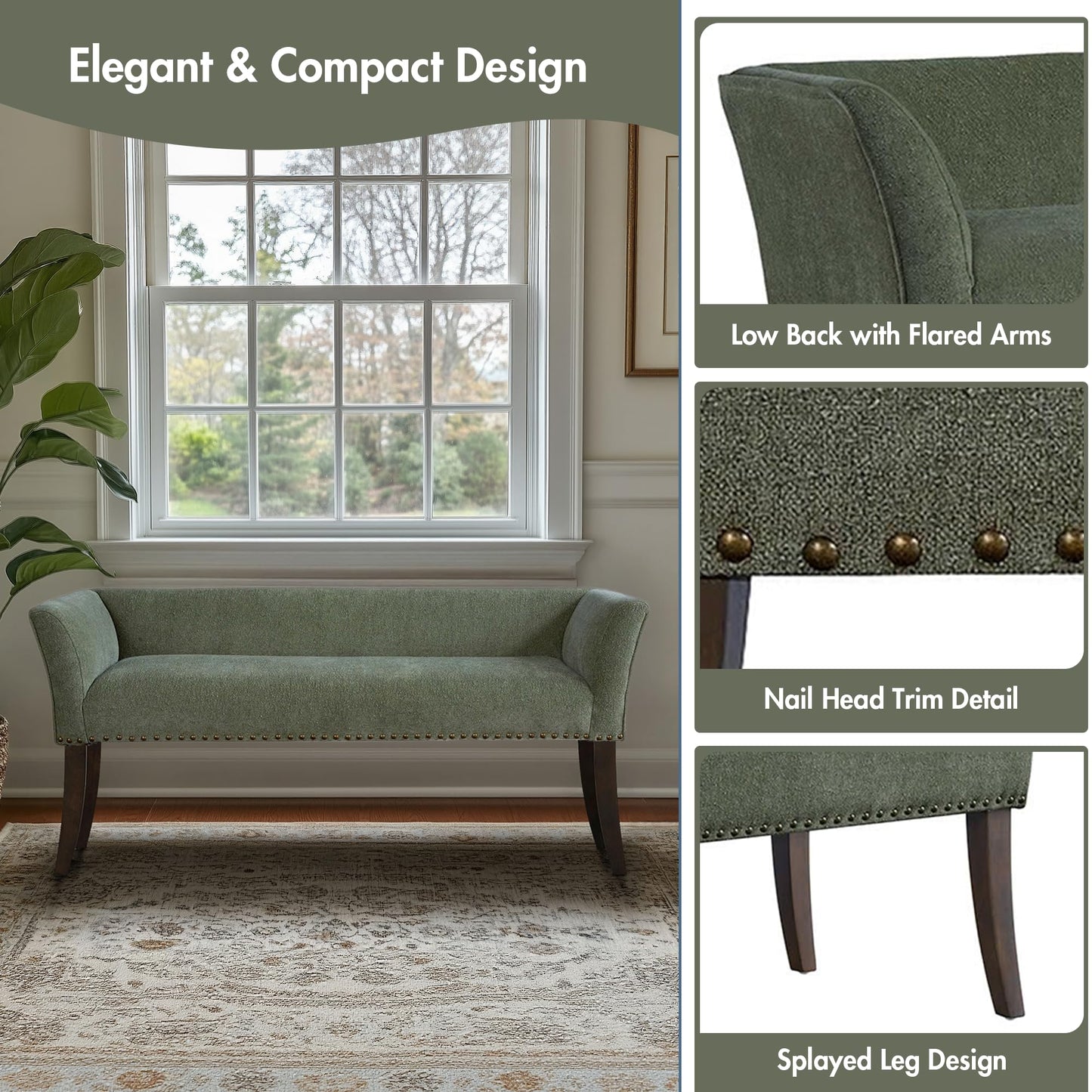 Madison Park Accent Bench, Plush Upholstered, Nailhead Trim, & Padded Seat Entryway Bench Small, End of Bed Bench with Back, 49.5" W x 19.25" D x 23" H, Green