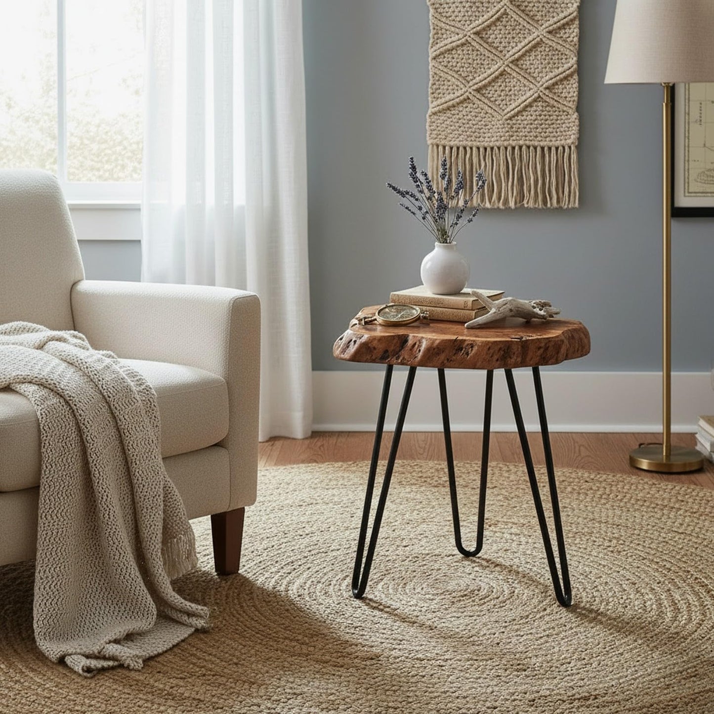 WELLAND Unique Shape Date Tree End Table Live Edge Side Table Plant Stand for Living Room Bedroom Home Office Patio 13" W x 12" D x 16" H