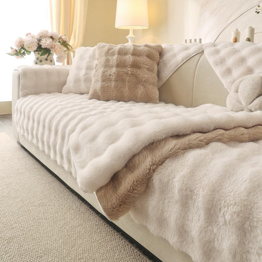 Aucrovee Soft Plush Faux Fur Couch Cover, Thick Warm Fuzzy Sectional Sofa Covers for 3 Cushion Couch Sofa L Sharped Sofa Non Slip Slipcover, Furniture Protector Covers for Pets(1 PCS 36"x94" White)