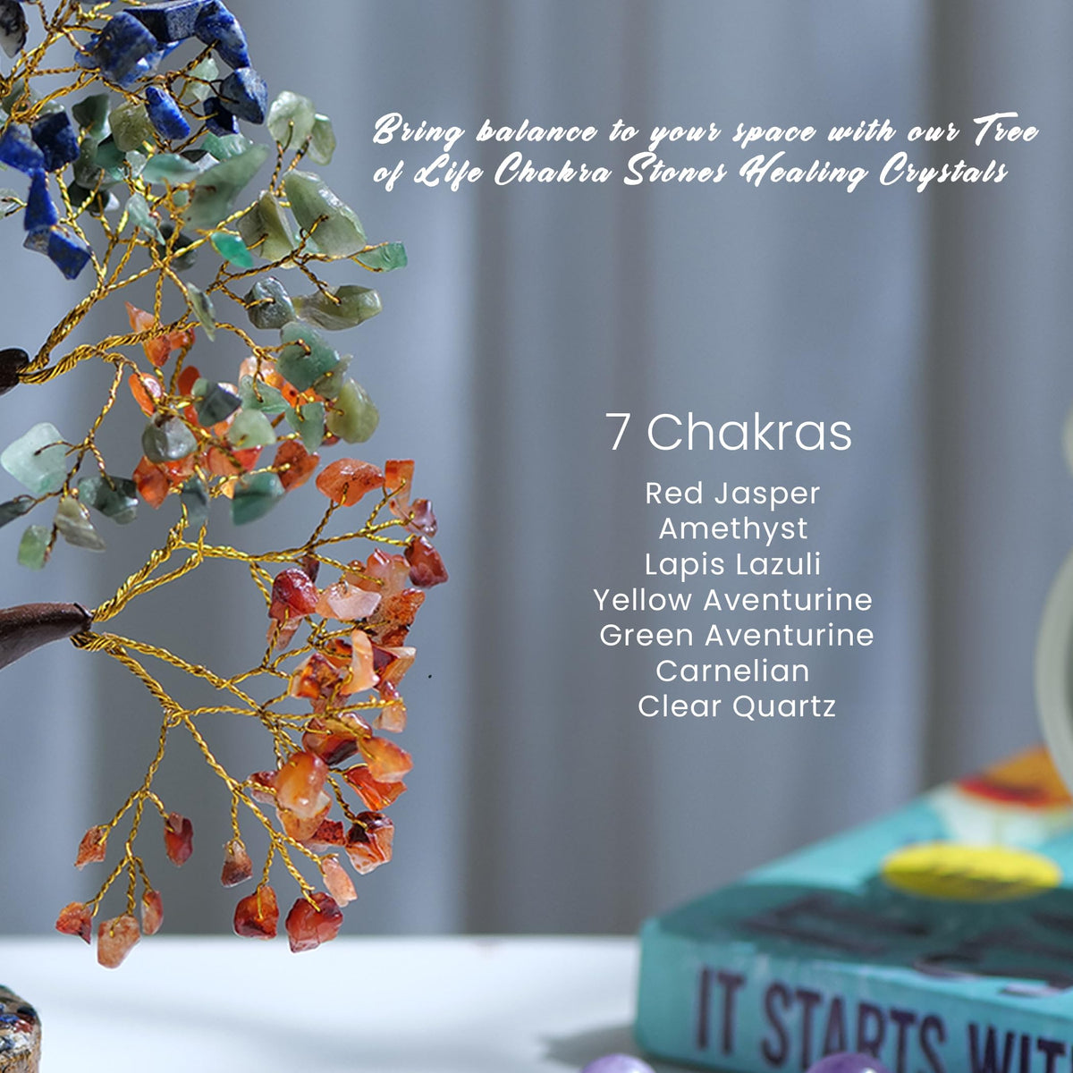 PYOR Chakra Tree, Crystals and Healing Stones, Gifts for Women, Crystal Tree, Home Office Decor, Crystals, House Warming Gifts New Home, Chakra Decor, 300 Chakra Gemstones - 10-12" Money Trees