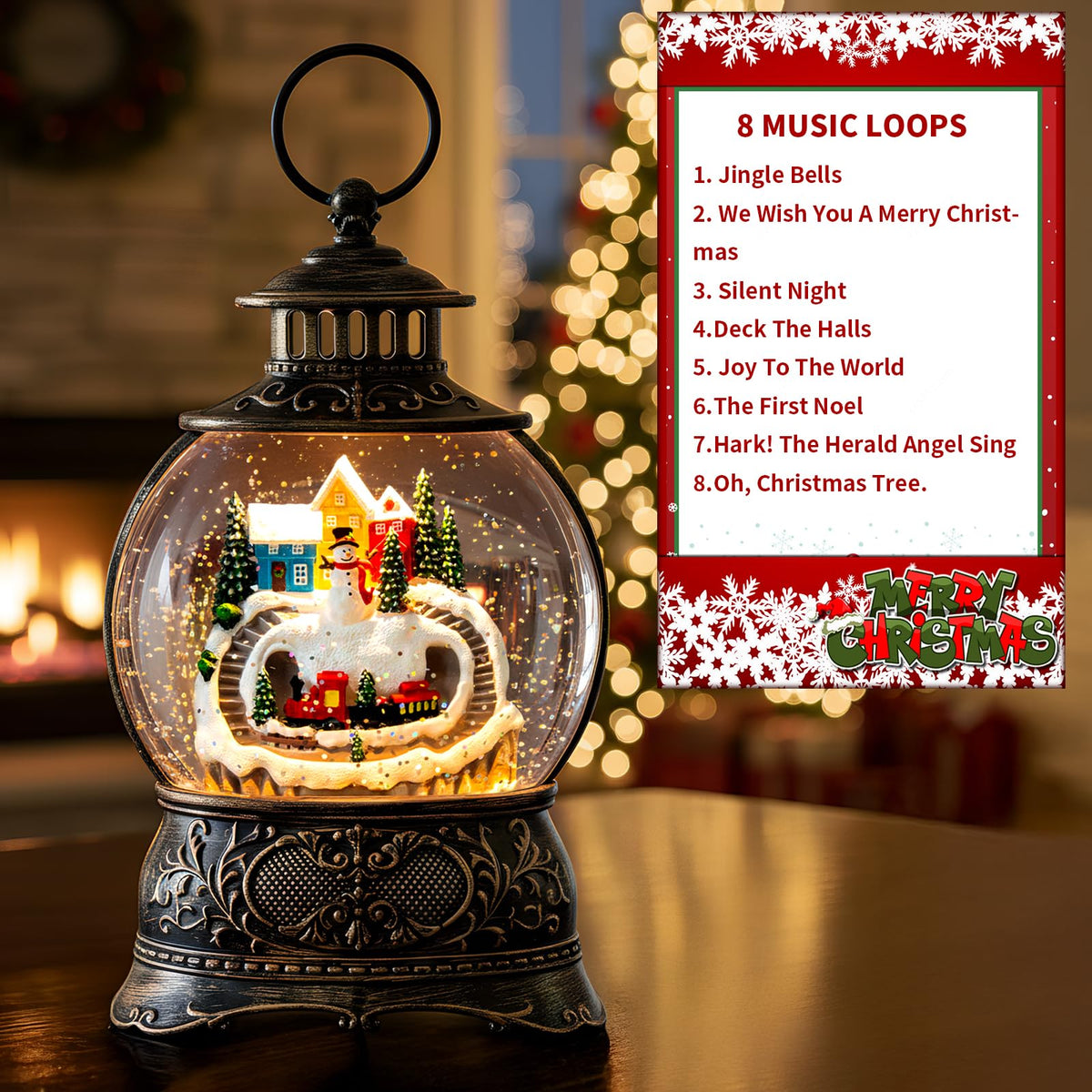 Christmas Village Snow Globe Lantern – LED Musical Swirling Glitter Water Globe, Snowy Village with Train, Battery or USB Powered, Auto Timer – Tabletop Decor & Gift