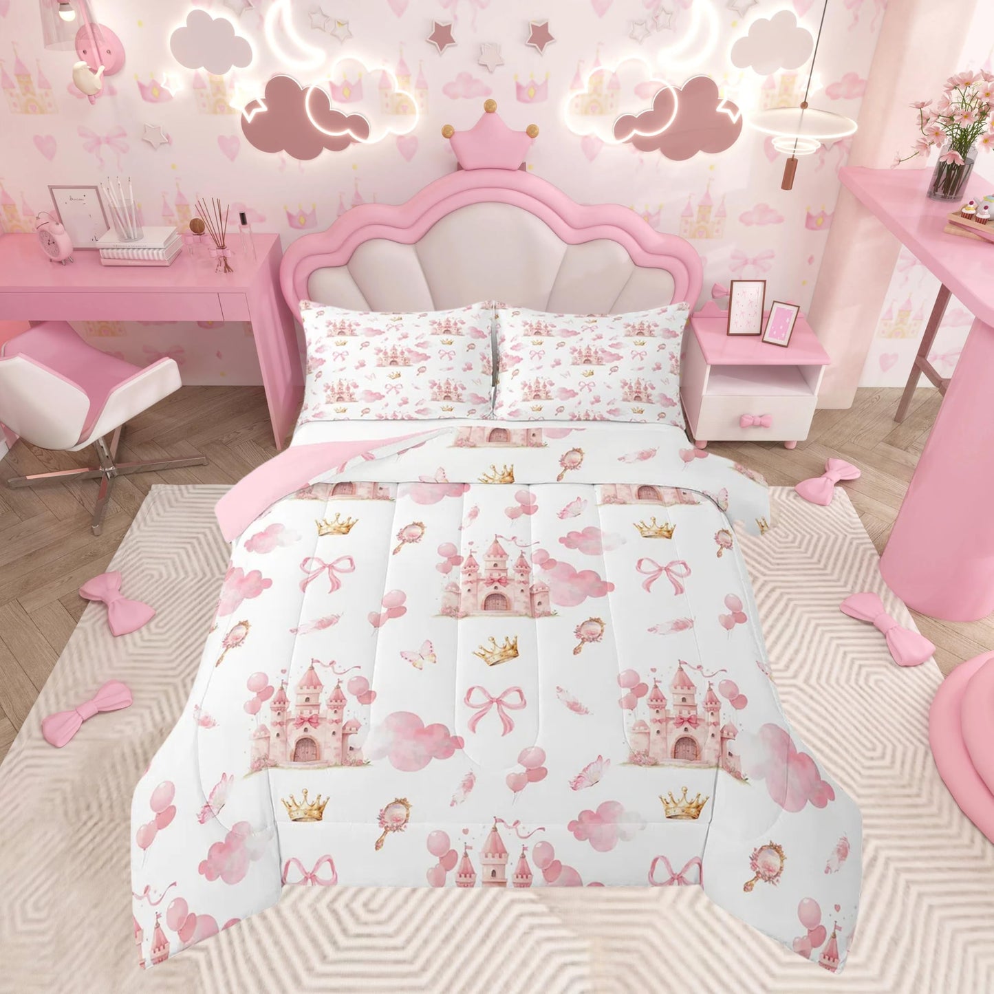Feelyou Kids Pink Castle Duvet Insert Queen Size, Cute Bowknot Comforter Set Boys Girls Girls Dreamy House Bedding Set Fairytale Teens Bedroom Decor Bed Set 3Pcs