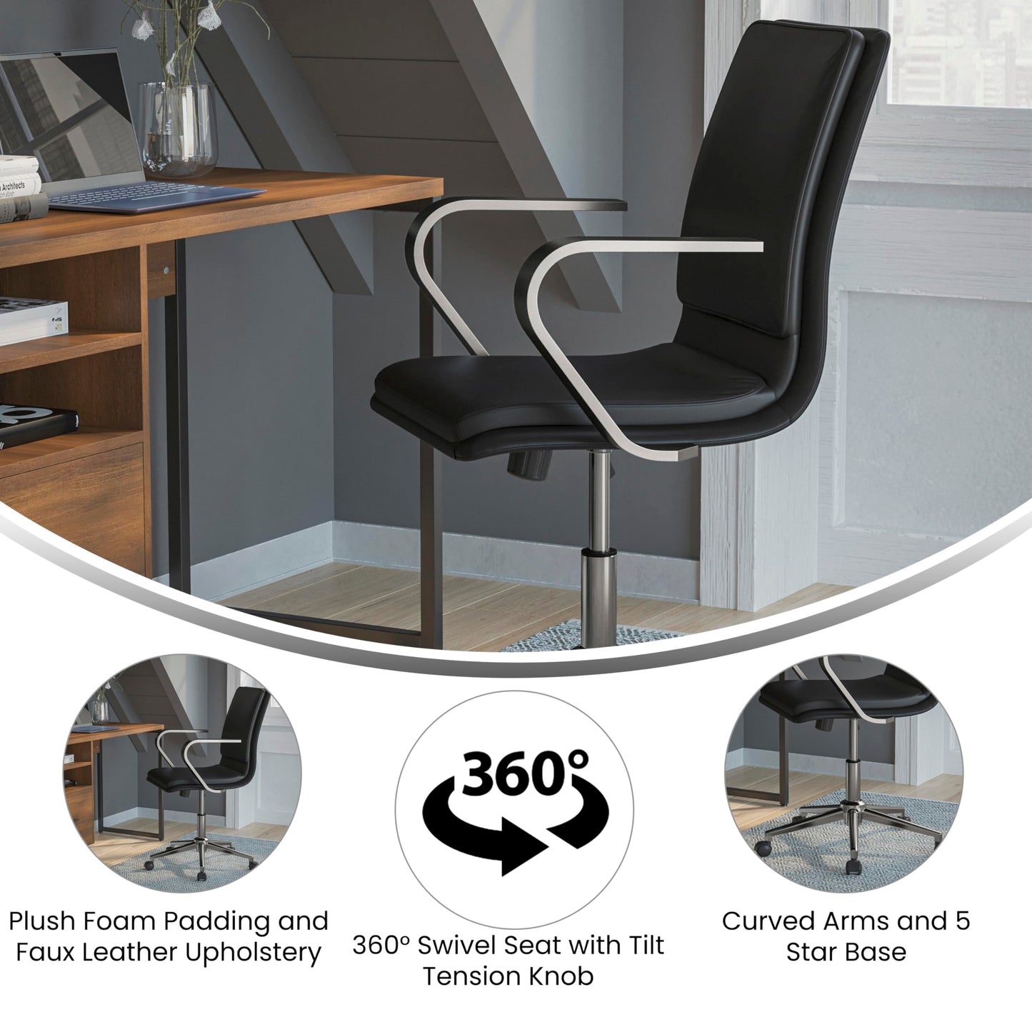 Flash Furniture James Mid-Back Designer Executive Office Chair - Black LeatherSoft Upholstery - Brushed Chrome Base and Arms - Height Adjustable 360° Swivel Seat