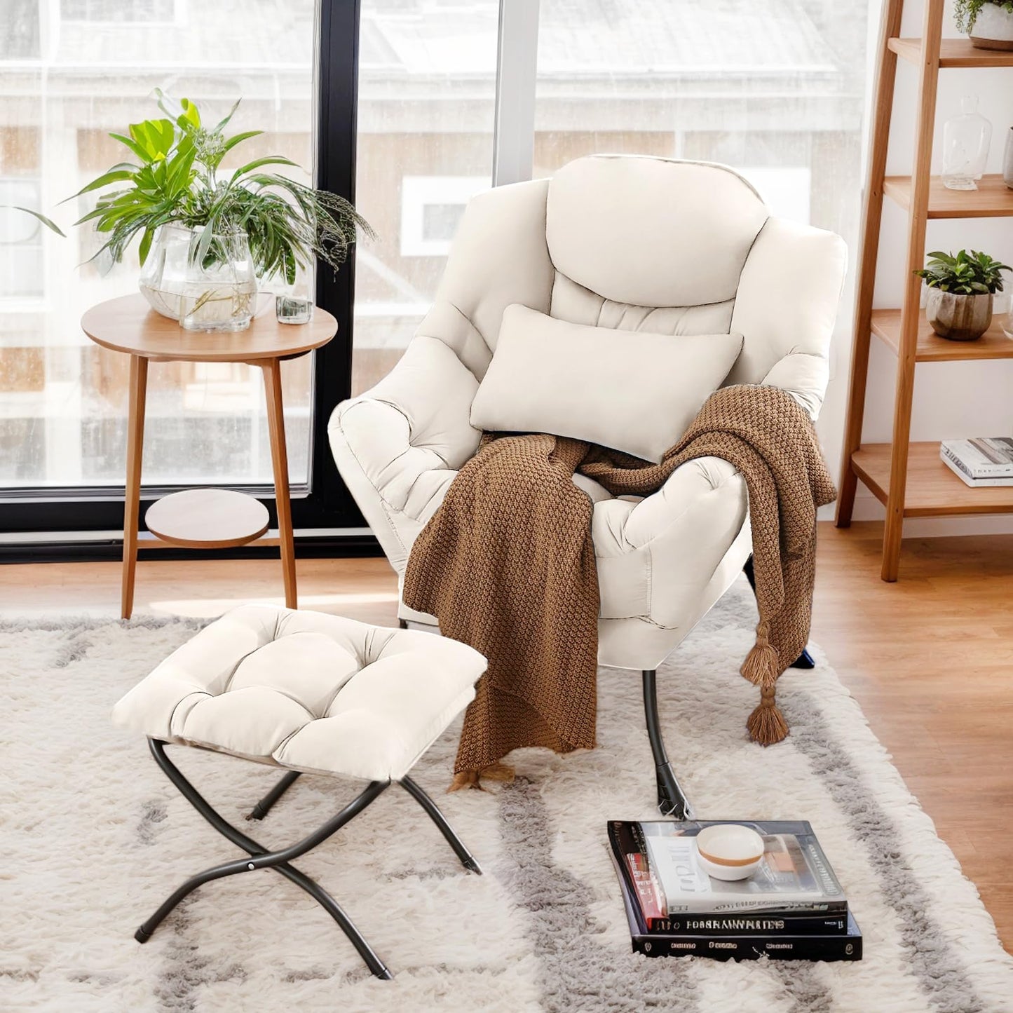Furlide Lazy Chair with Ottoman, Comfy Fabric Accent Lounge Arm Chair with Lumbar Pillow and Folding Footrest, Reading Leisure Sofa Chair for Bedroom, Living Room, Dorm,Beige